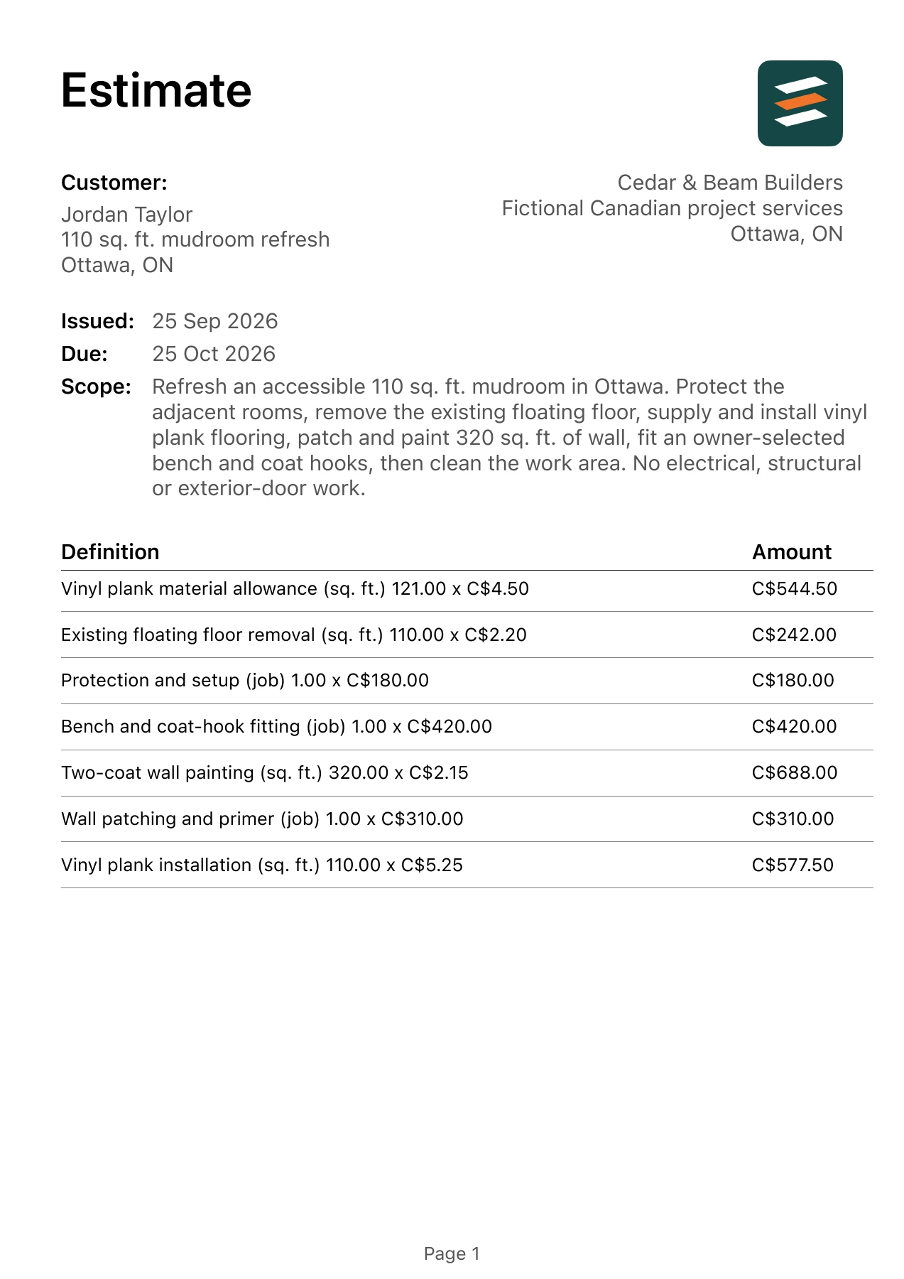 First page of the Ottawa, Ontario mudroom refresh estimate in Canadian dollars
