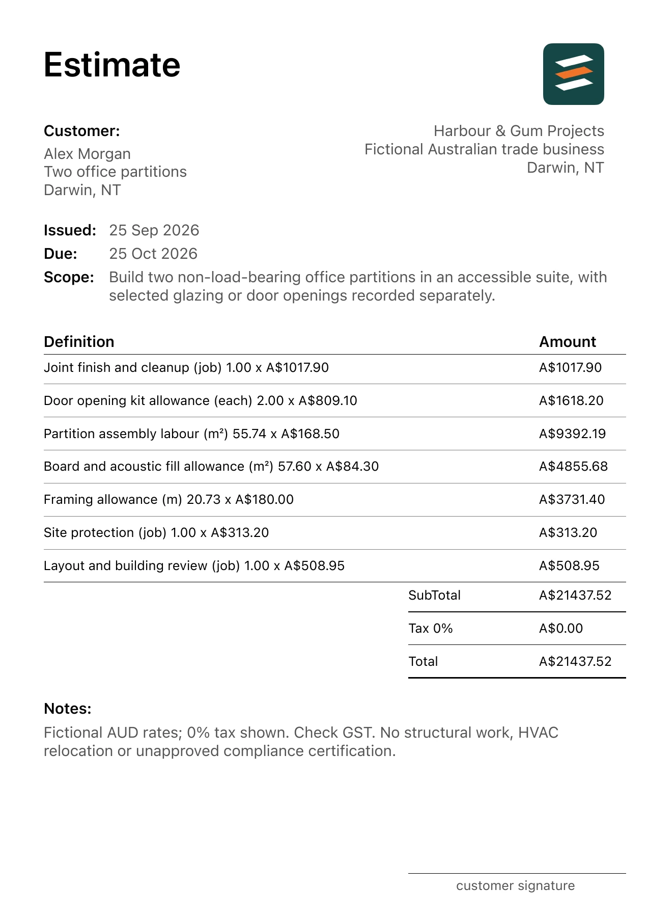 First page of the fictional Darwin, Northern Territory office partition installation estimate PDF
