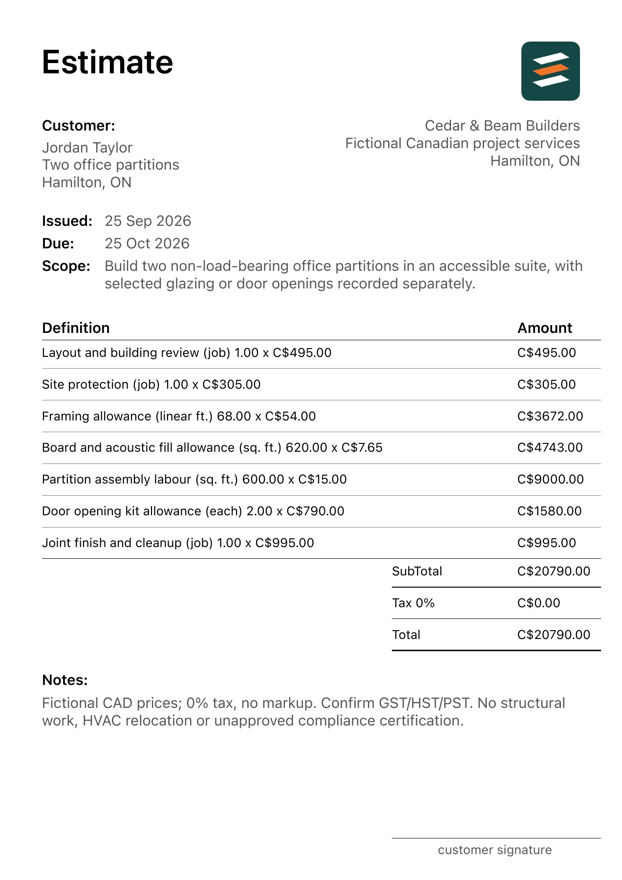 First page of the fictional Hamilton, Ontario office partition installation PDF estimate