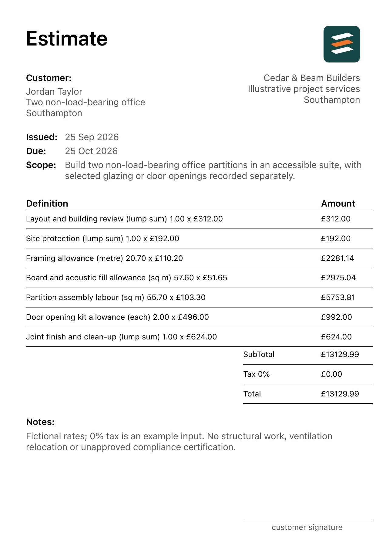 First page of the fictional office partition installation estimate PDF