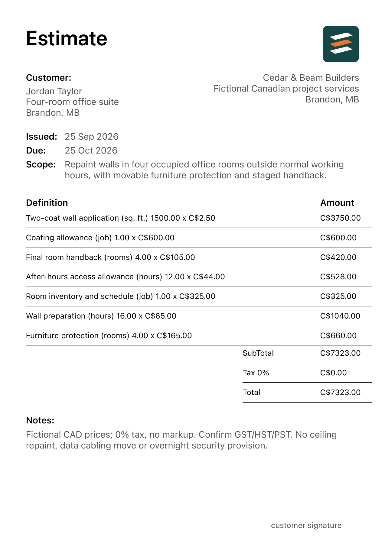 First page of the fictional Brandon, Manitoba occupied office repainting PDF estimate