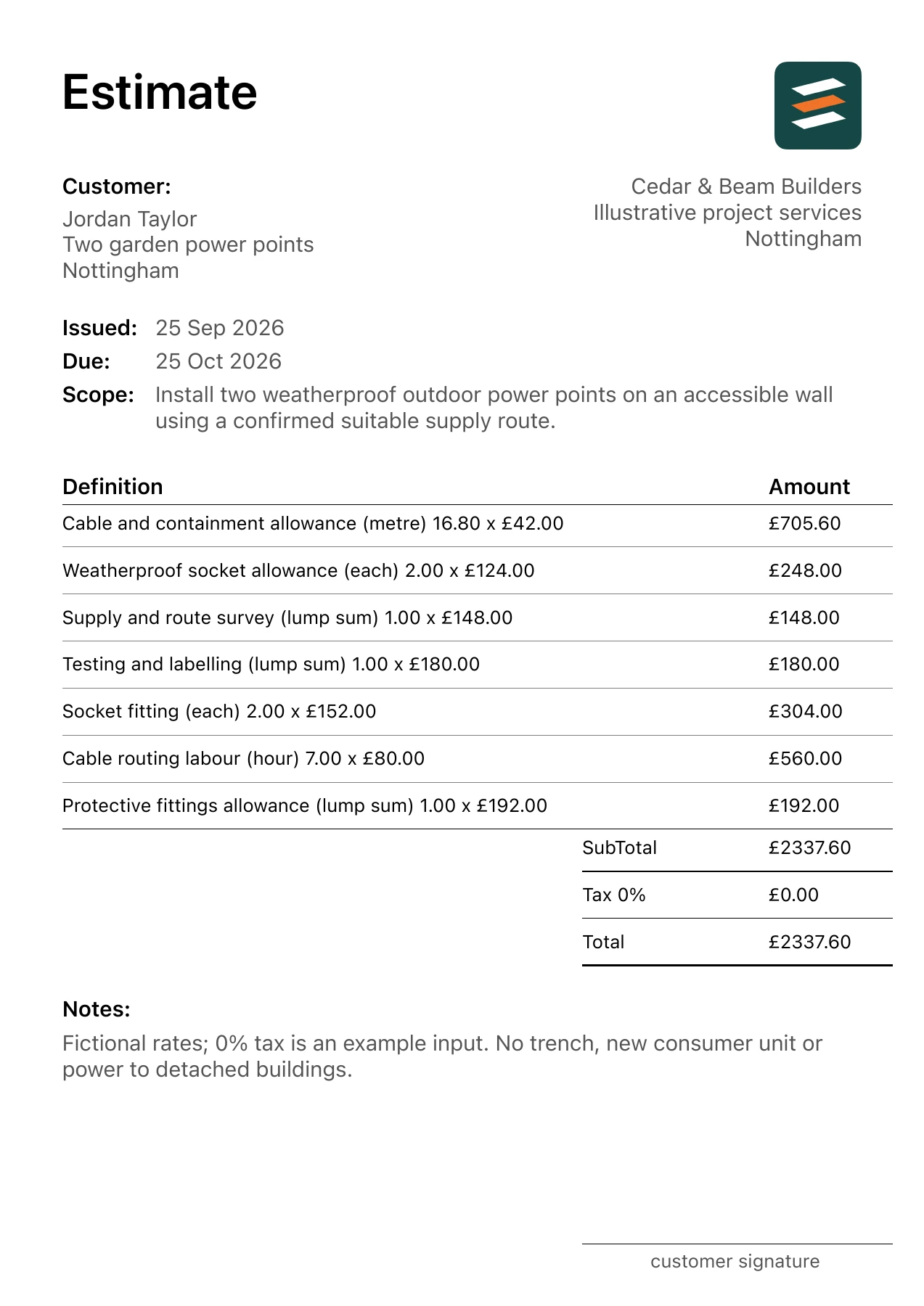 First page of the fictional outdoor socket installation estimate PDF