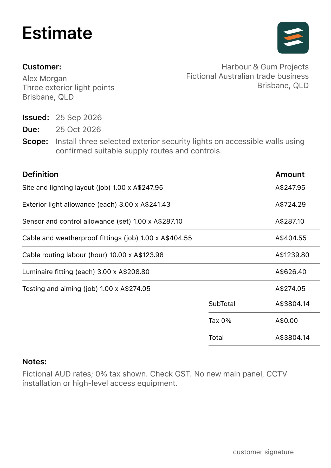 First page of the fictional Brisbane, Queensland outdoor security lighting installation estimate PDF