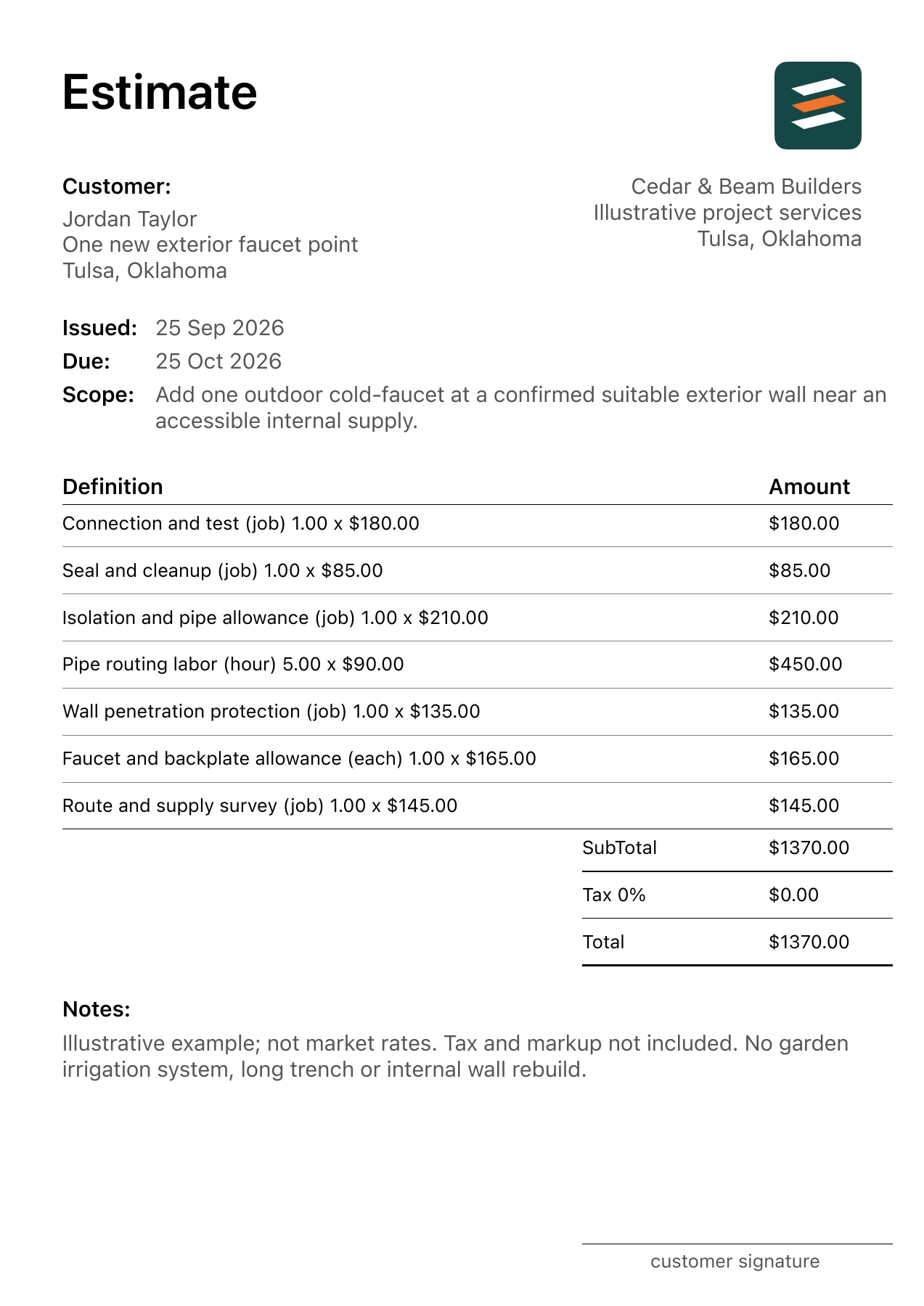 First page of the fictional outdoor faucet installation estimate PDF