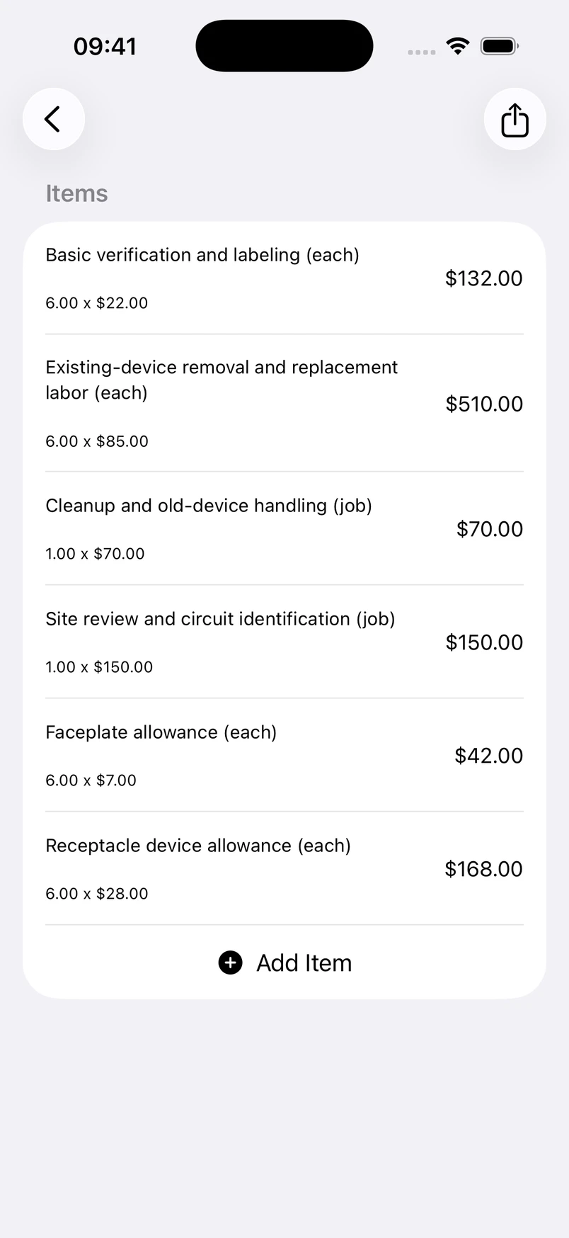 Electrical outlet replacement line items in the Estimates cost editor