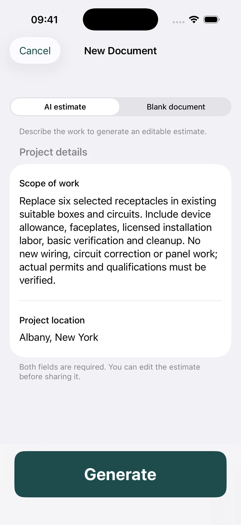 Electrical outlet replacement scope in the New Document screen