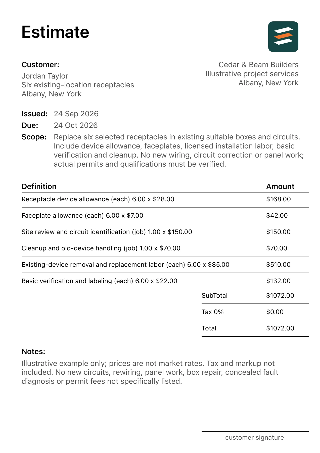 First page of the electrical outlet replacement estimate PDF