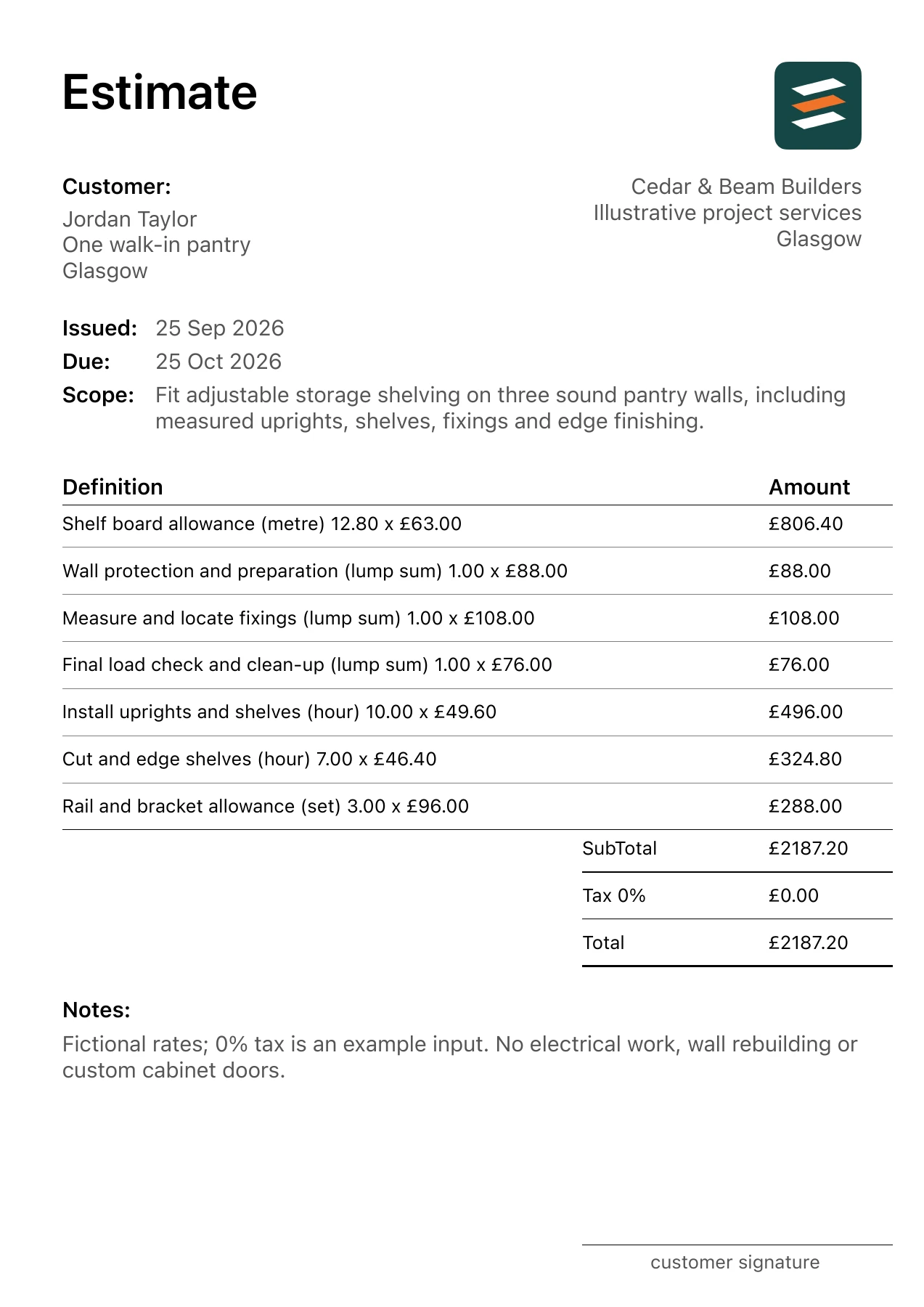 First page of the fictional pantry shelving fit-out estimate PDF