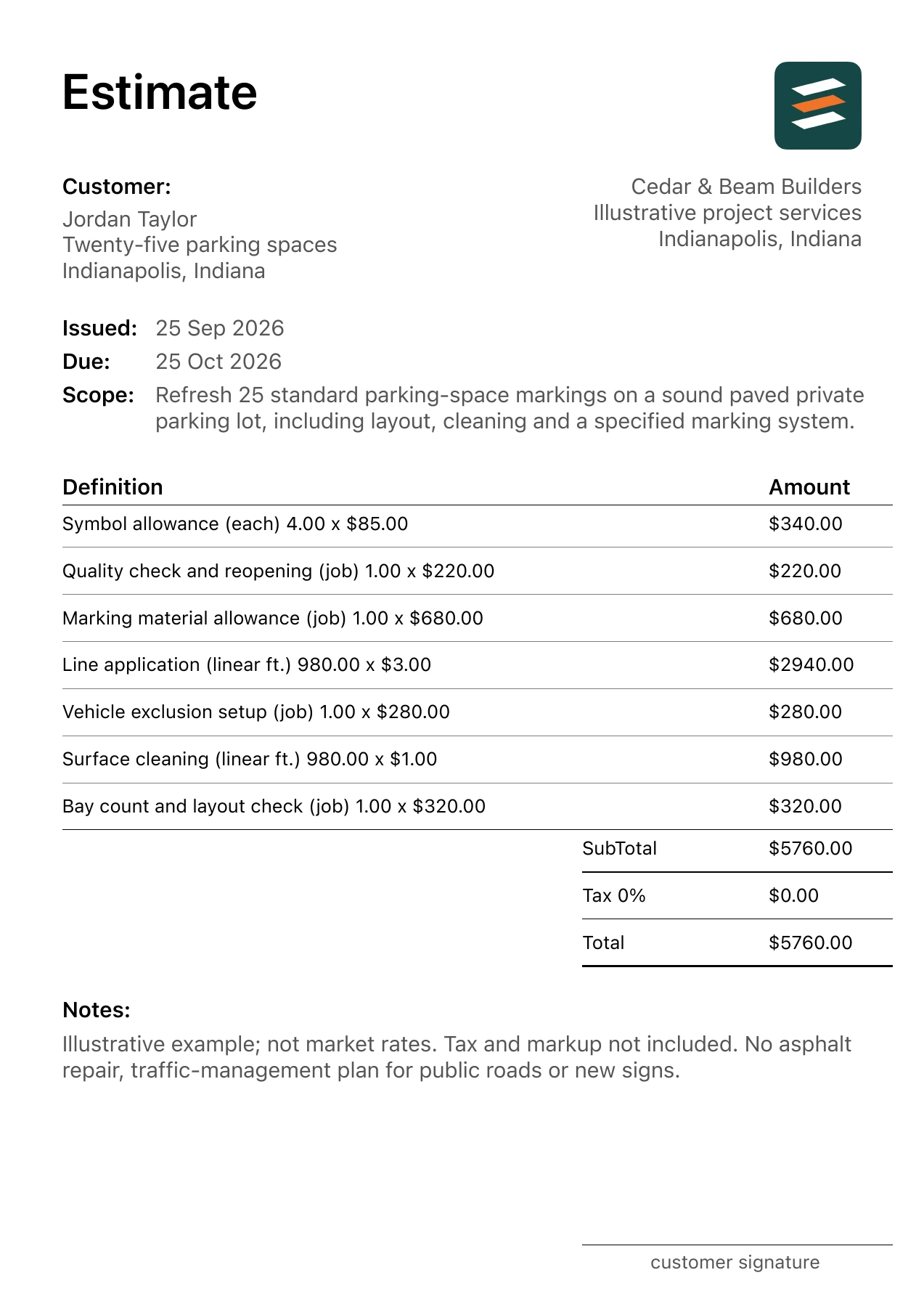 First page of the fictional parking lot line striping estimate PDF