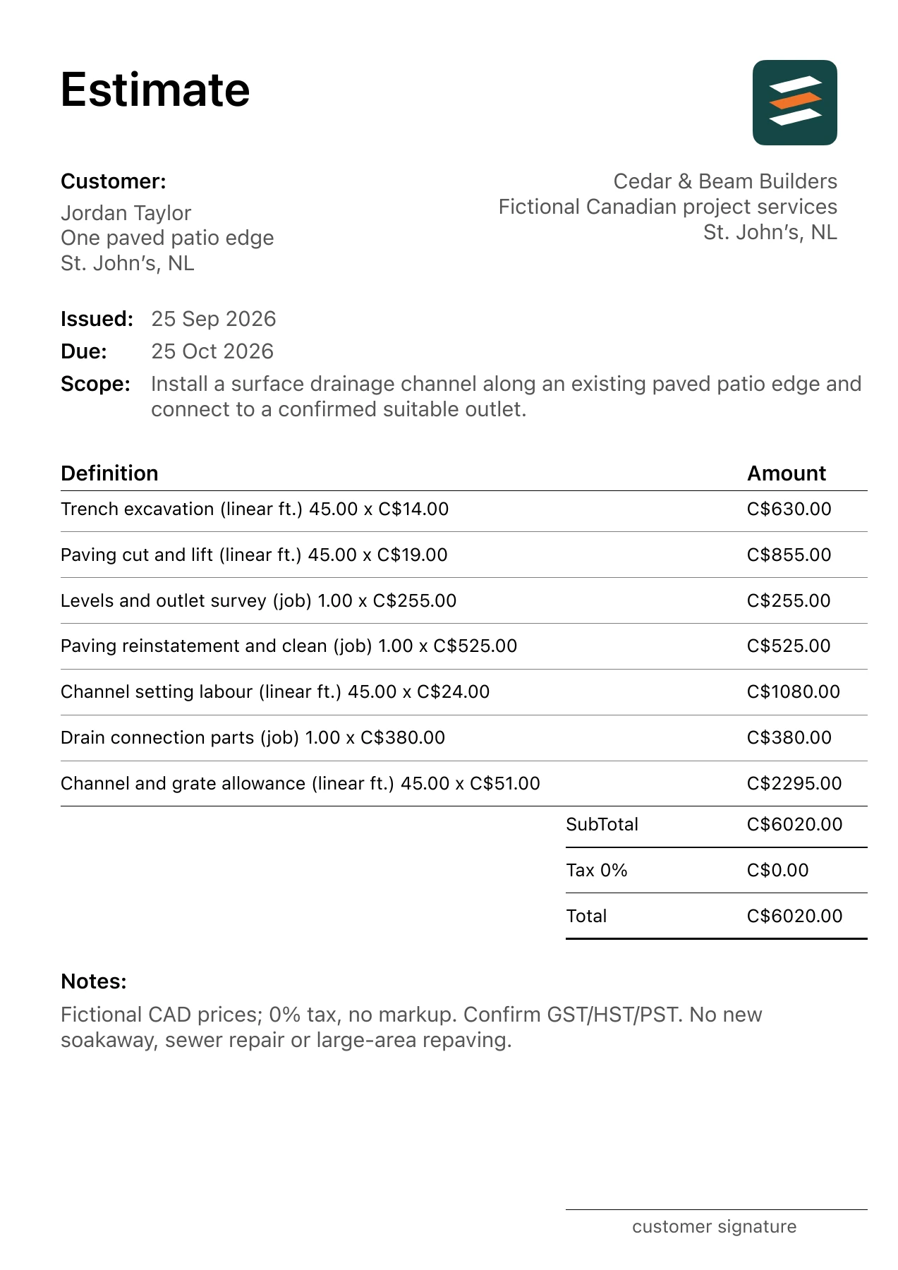 First page of the fictional St. John’s, Newfoundland and Labrador patio drainage channel installation PDF estimate