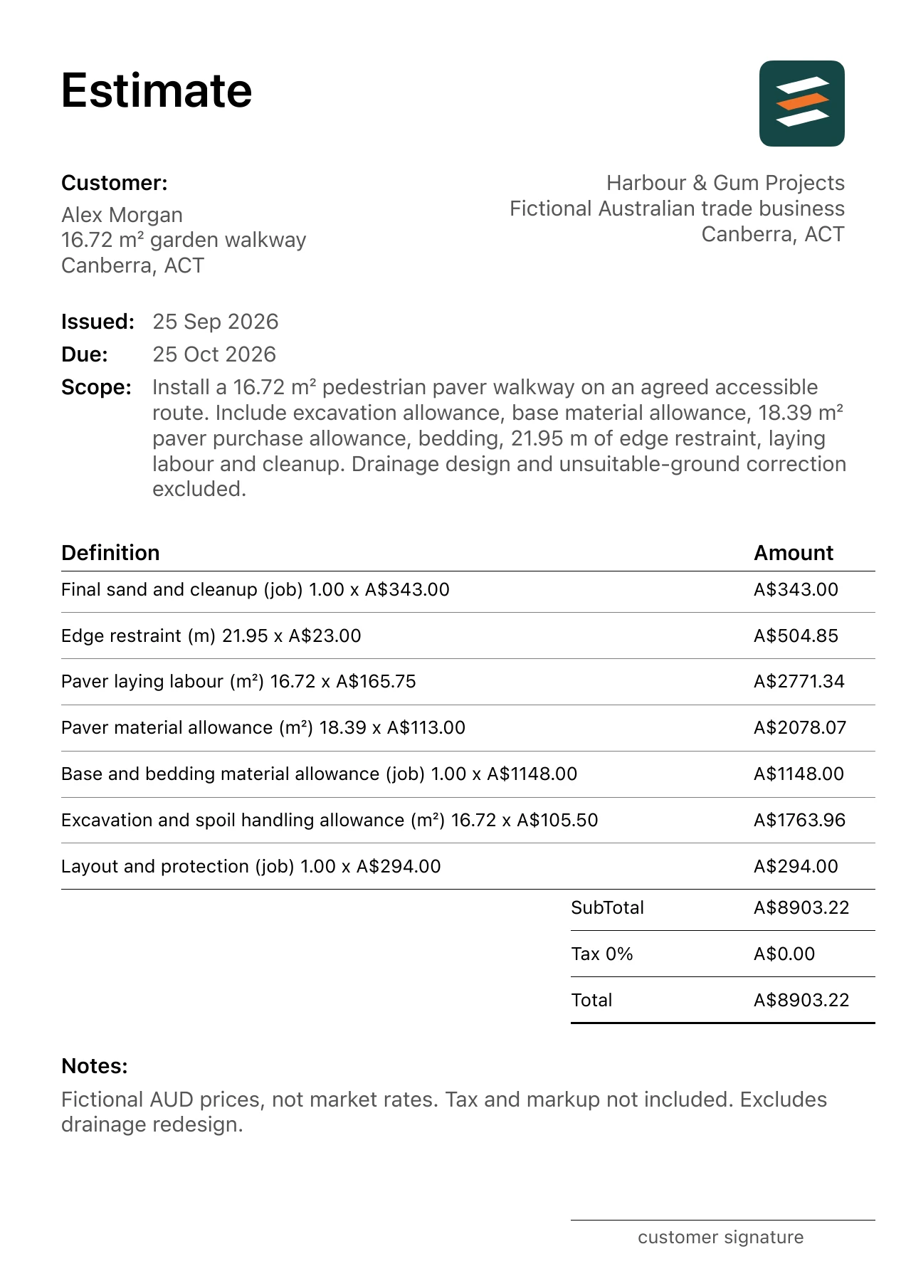 First page of the paver walkway installation estimate PDF