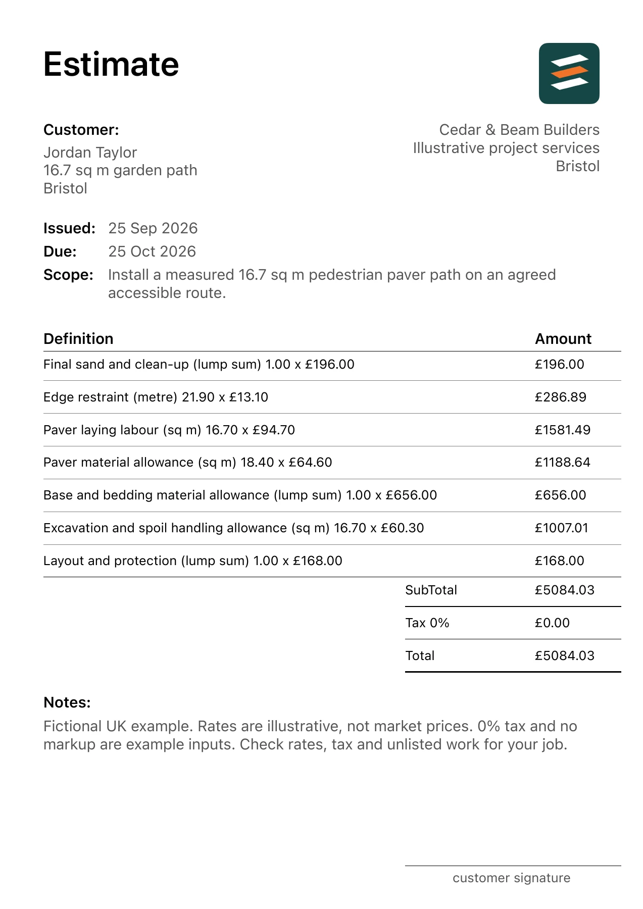 First page of the paver path installation estimate PDF for a fictional Bristol job