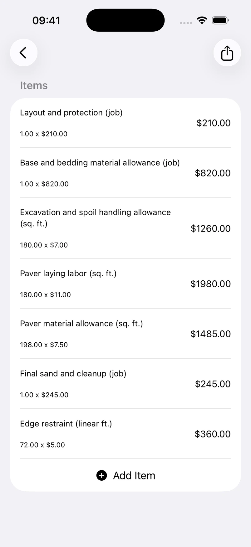 Paver walkway installation line items in the Estimates cost editor