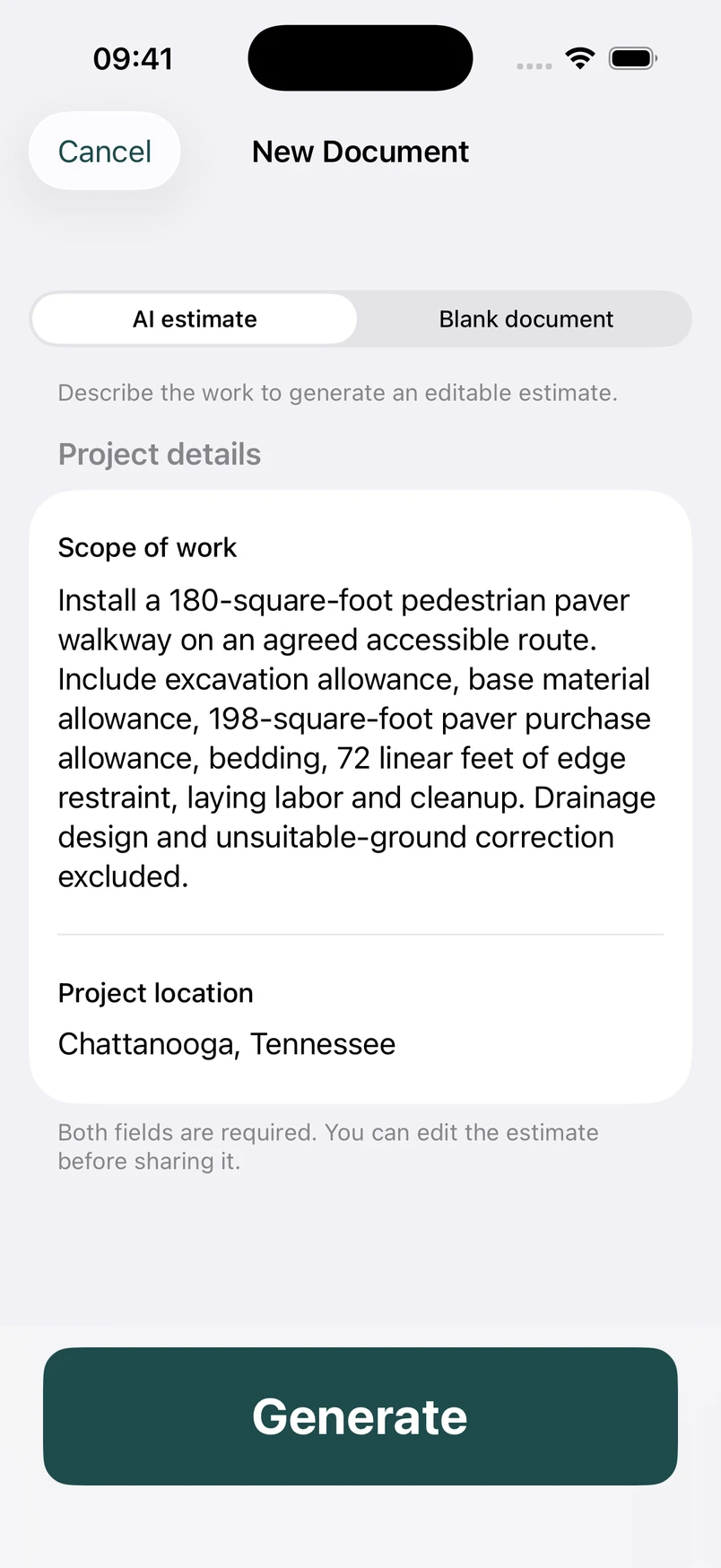 Paver walkway installation scope in the New Document screen