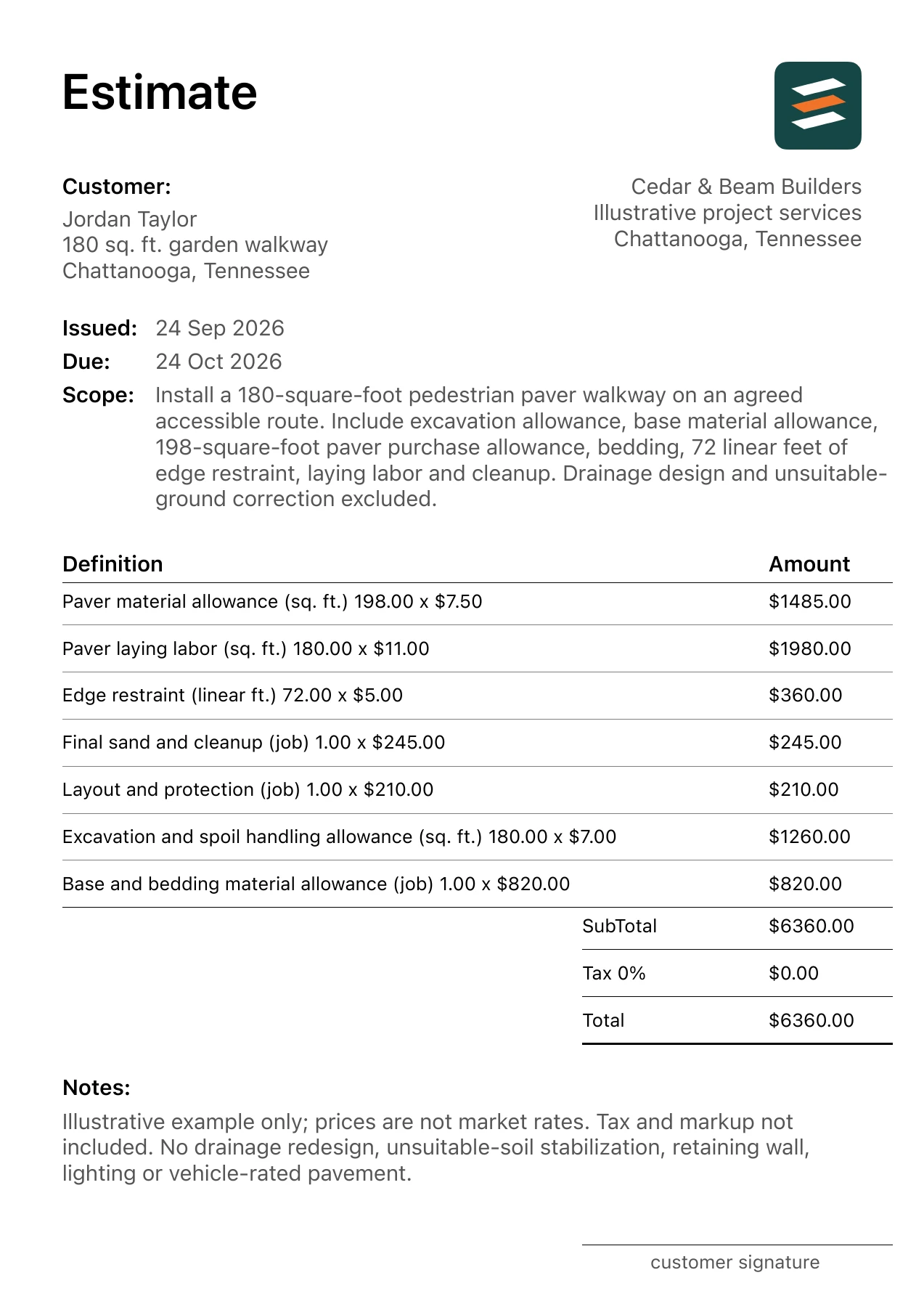 First page of the paver walkway installation estimate PDF