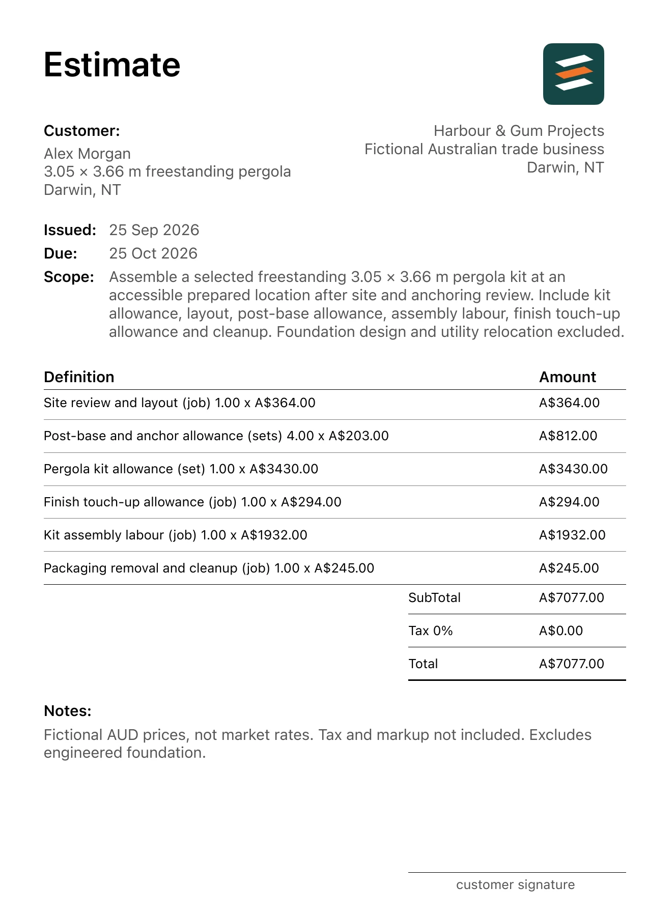 First page of the pergola installation estimate PDF