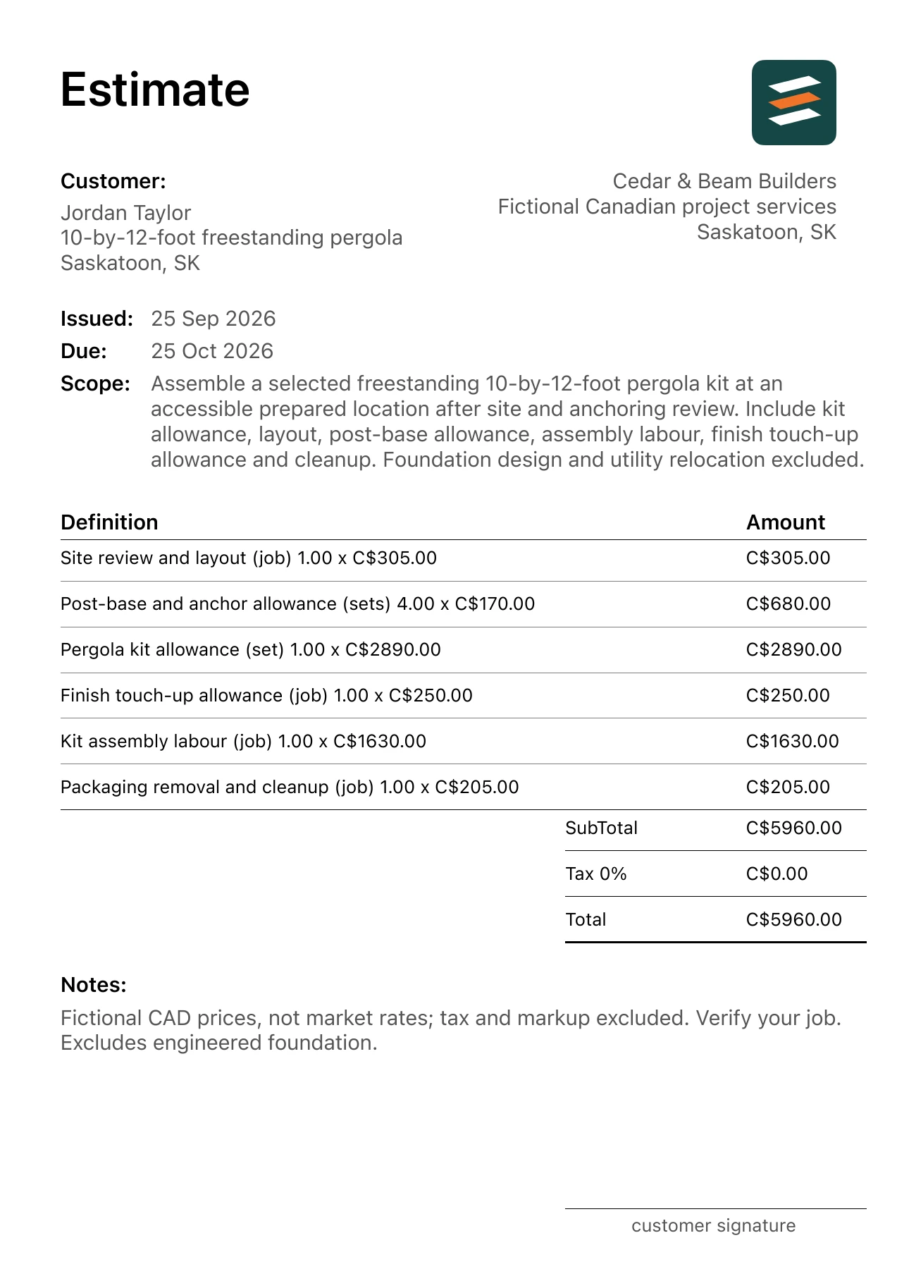 First page of the Saskatoon, Saskatchewan pergola installation estimate in Canadian dollars