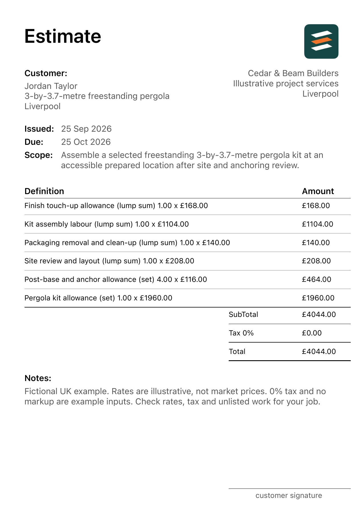 First page of the pergola installation estimate PDF for a fictional Liverpool job