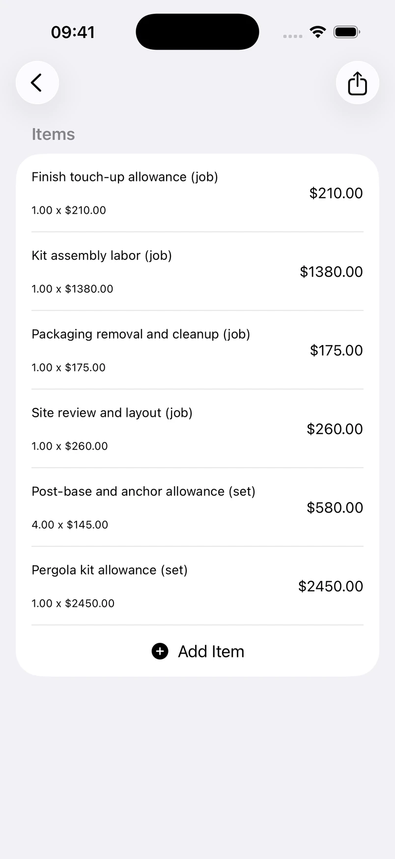 Pergola installation line items in the Estimates cost editor