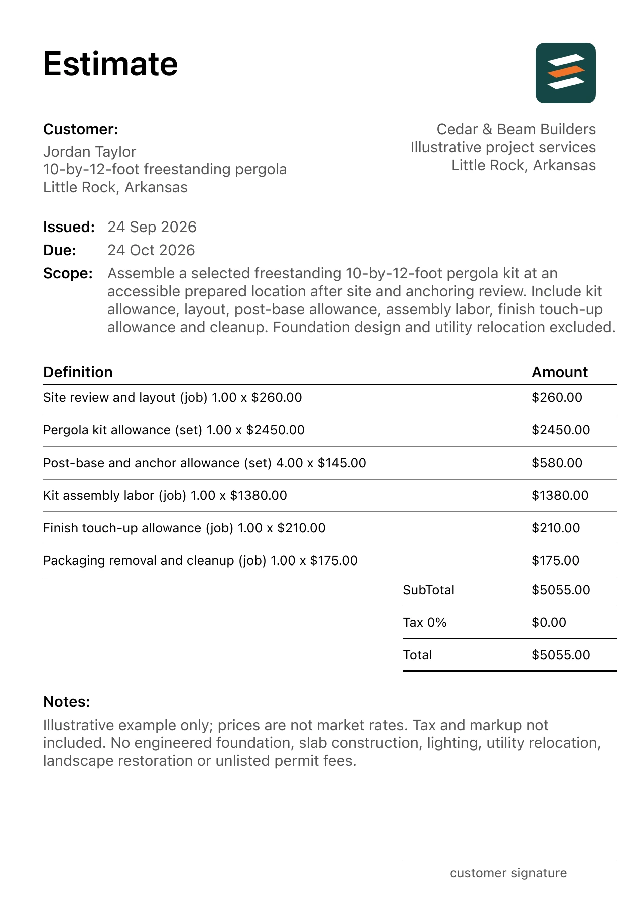 First page of the pergola installation estimate PDF