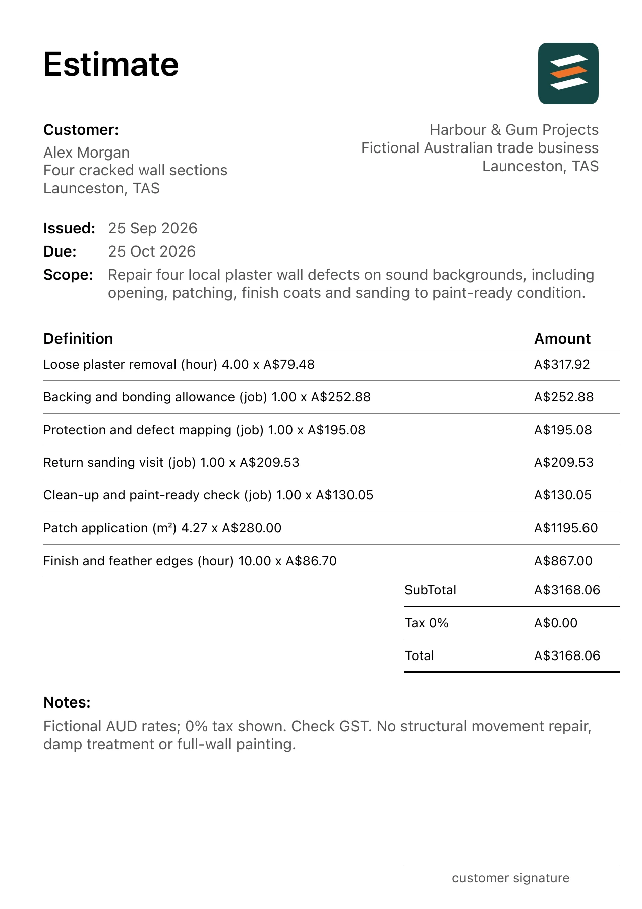 First page of the fictional Launceston, Tasmania plaster wall repair estimate PDF