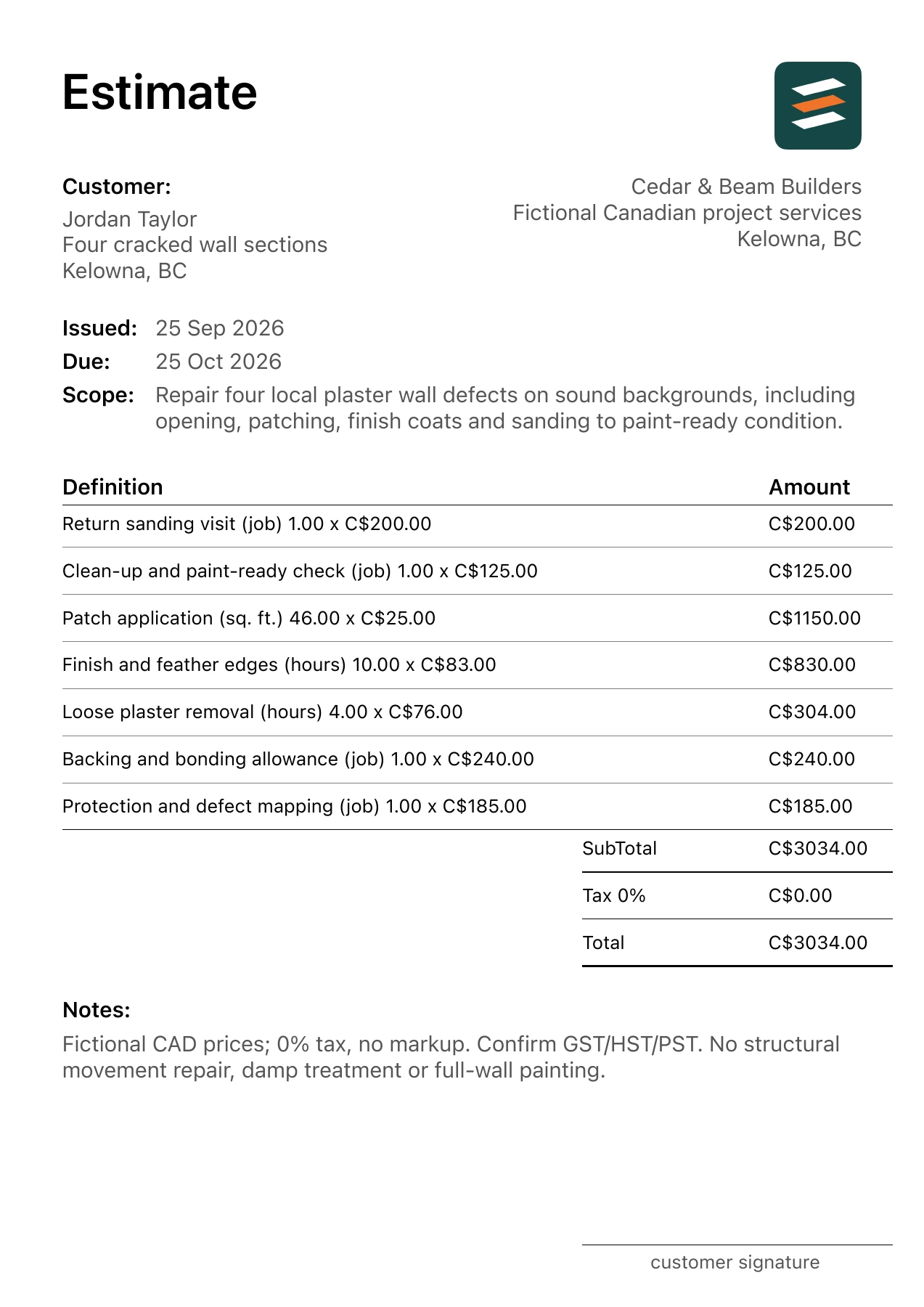 First page of the fictional Kelowna, British Columbia plaster wall repair PDF estimate