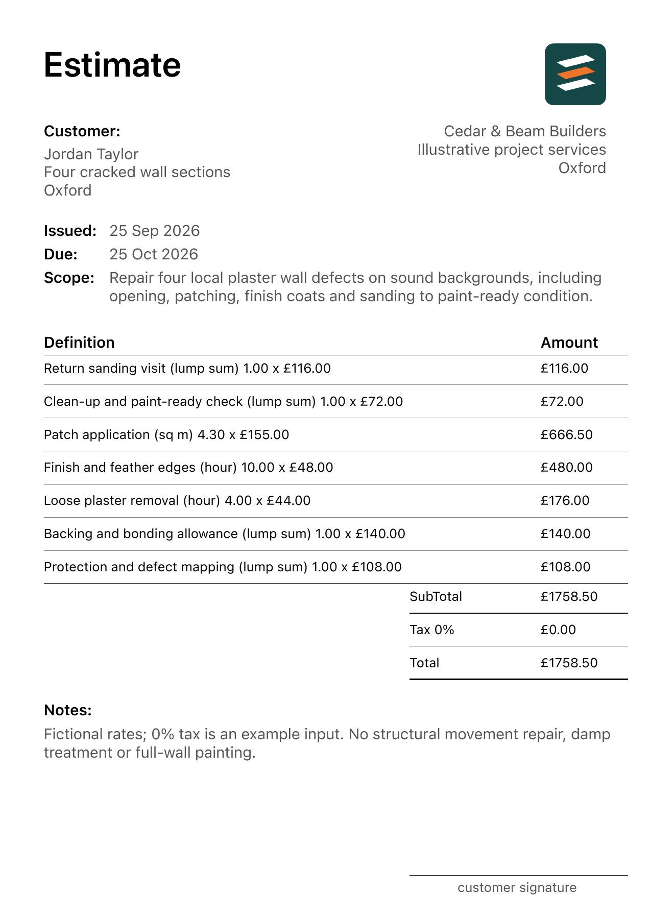 First page of the fictional plaster wall repair estimate PDF