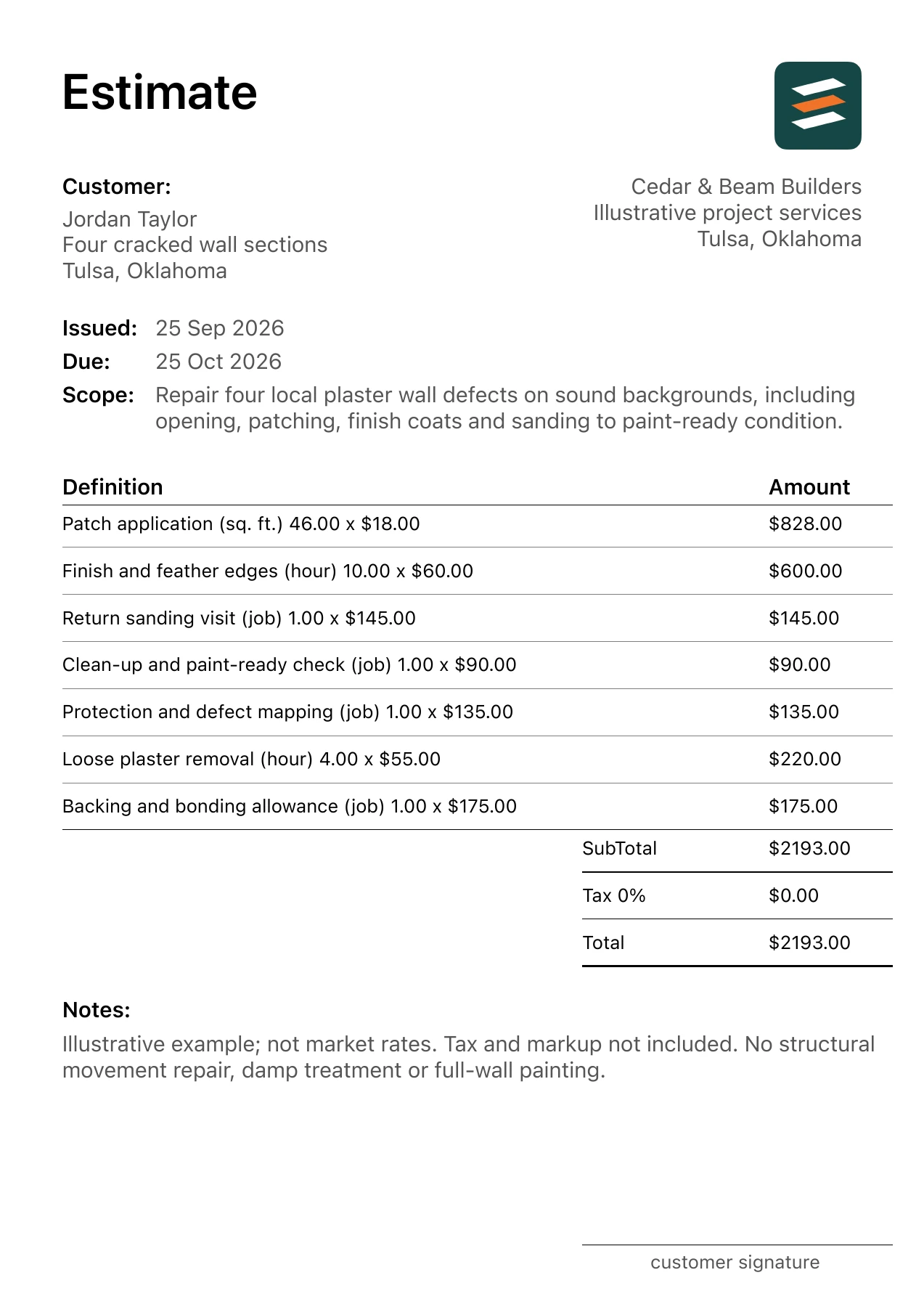 First page of the fictional plaster wall repair estimate PDF
