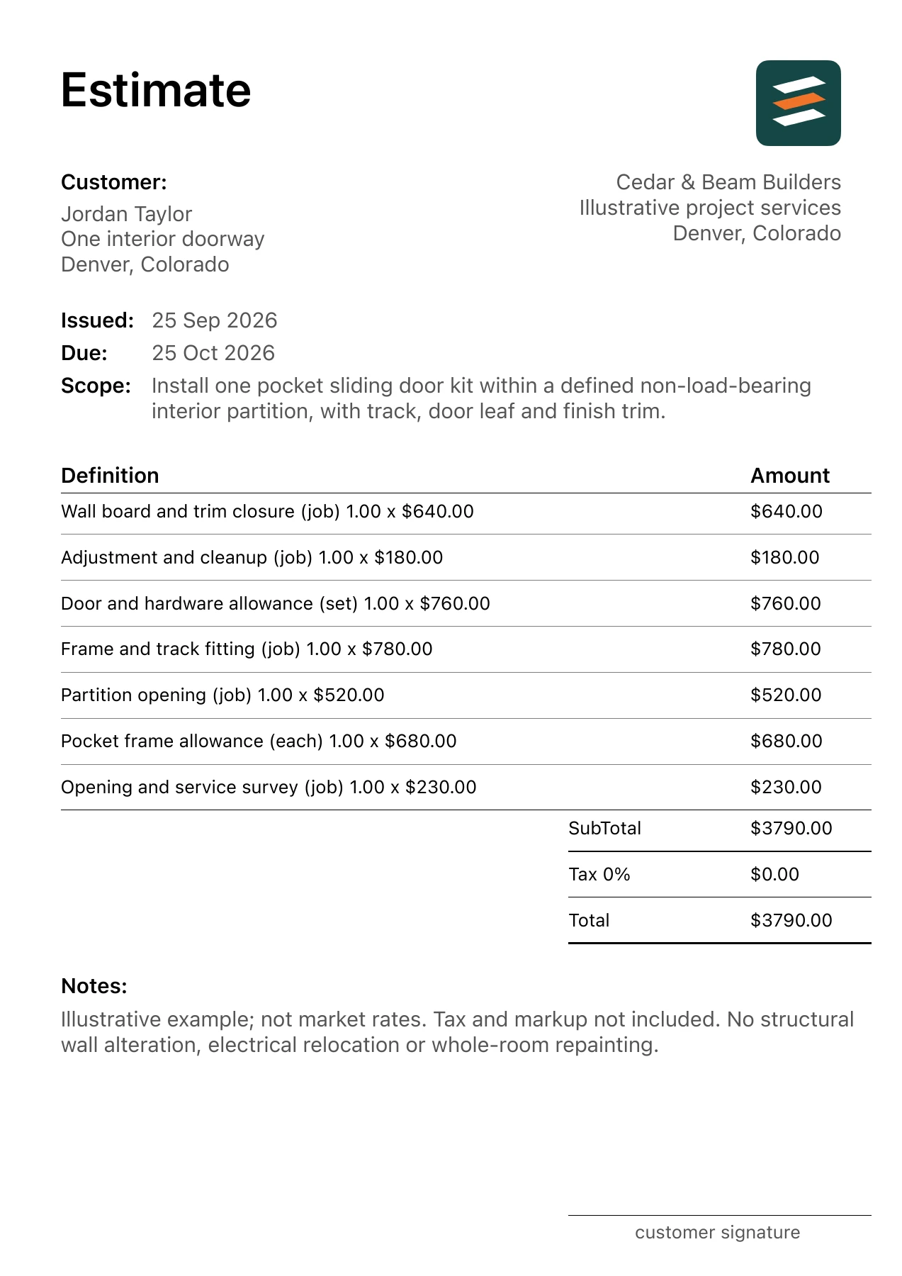 First page of the fictional pocket sliding door installation estimate PDF