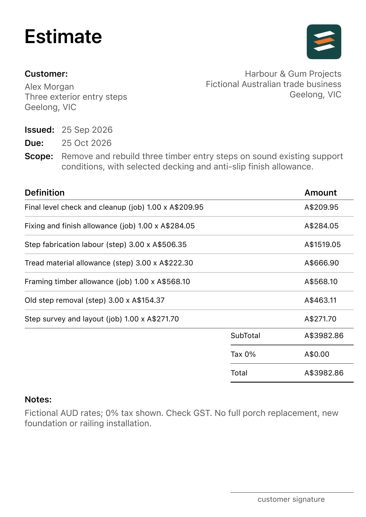 First page of the fictional Geelong, Victoria timber porch step rebuild estimate PDF