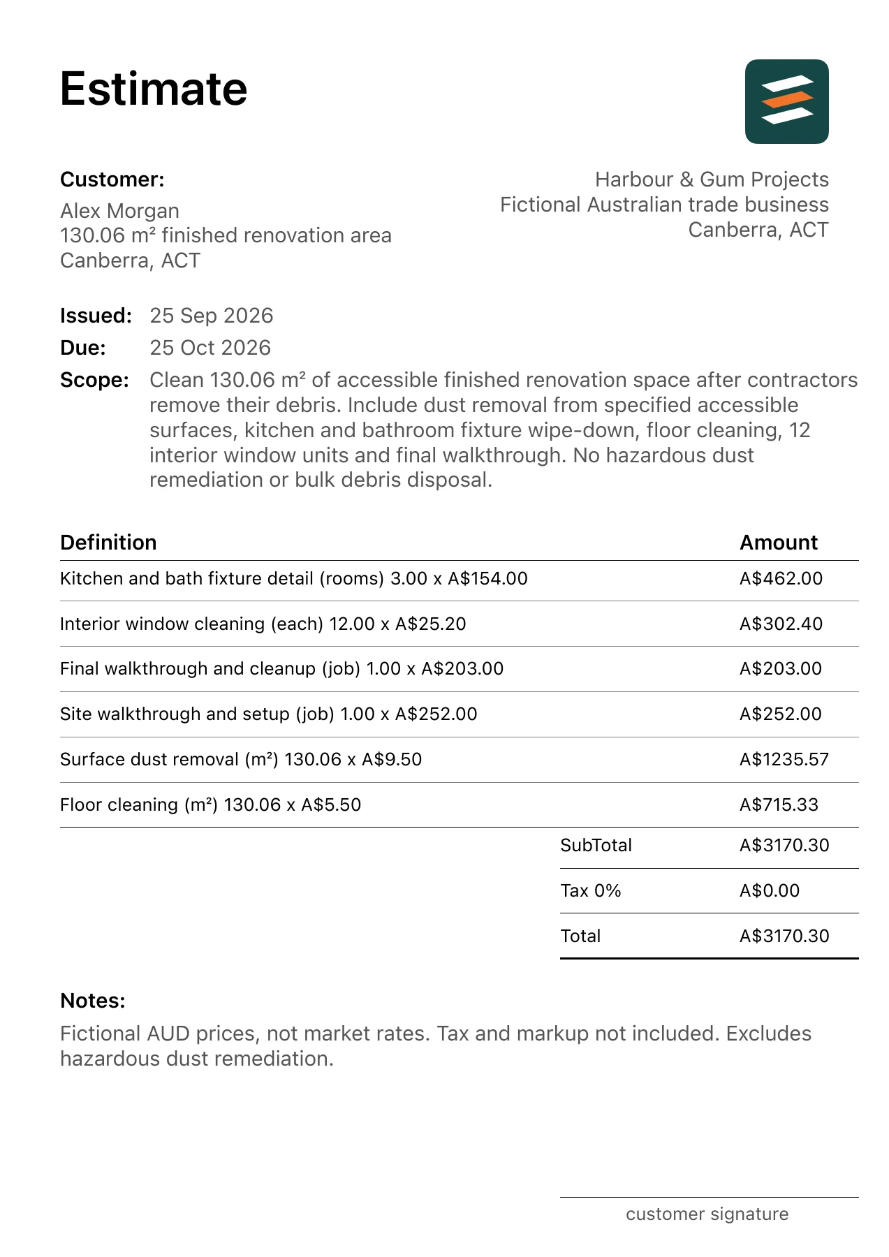 First page of the post-construction cleaning estimate PDF