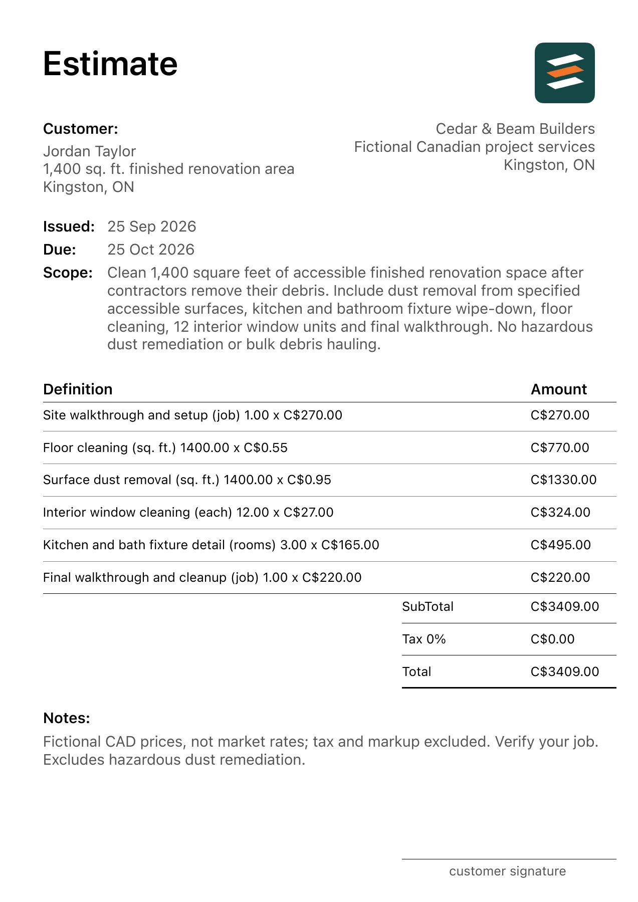 First page of the Kingston, Ontario post-construction cleaning estimate in Canadian dollars