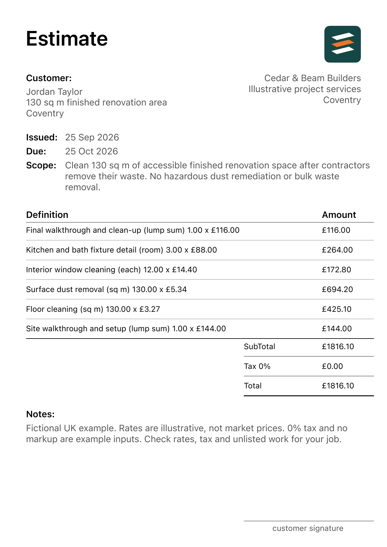 First page of the post-build cleaning estimate PDF for a fictional Coventry job