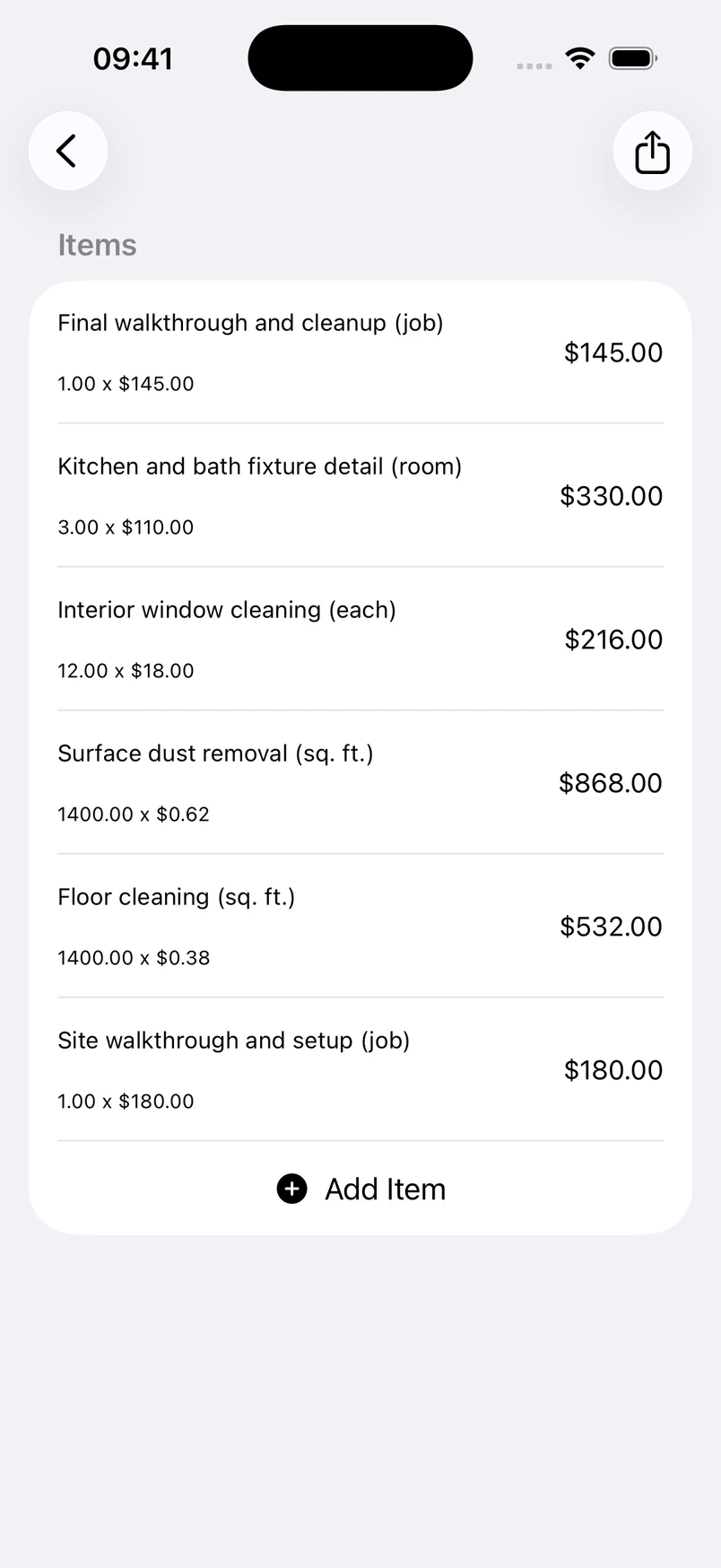 Post-construction cleaning line items in the Estimates cost editor