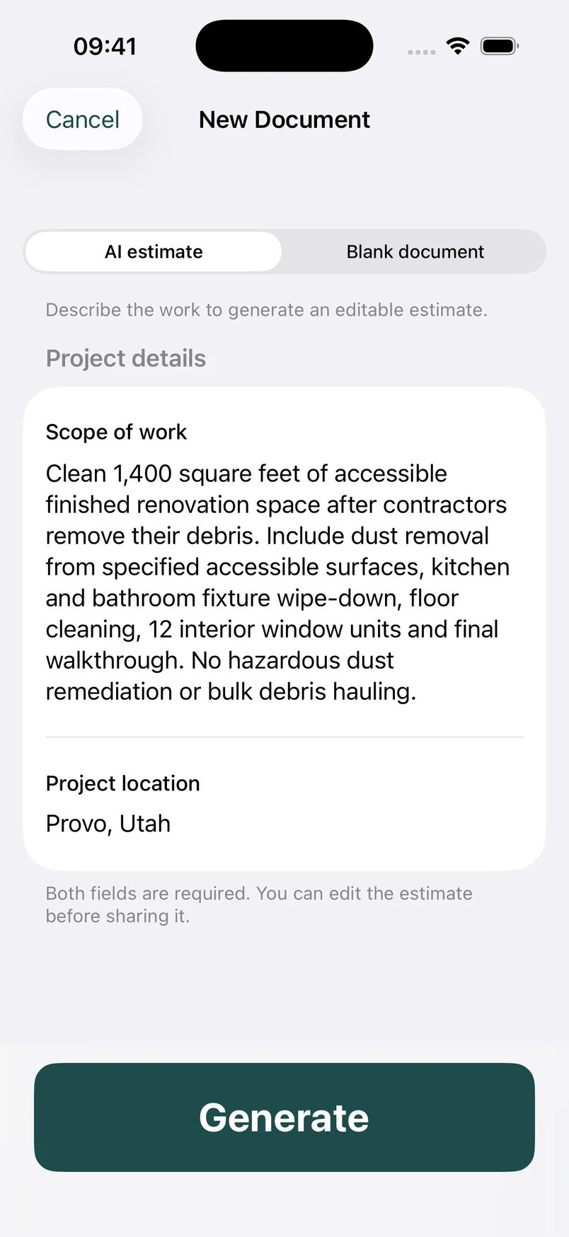 Post-construction cleaning scope in the New Document screen
