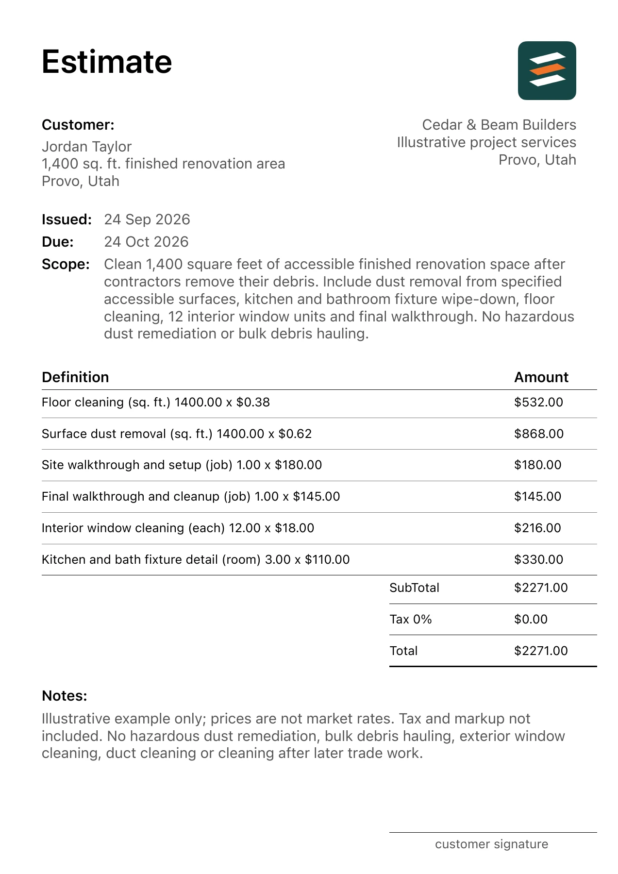 First page of the post-construction cleaning estimate PDF