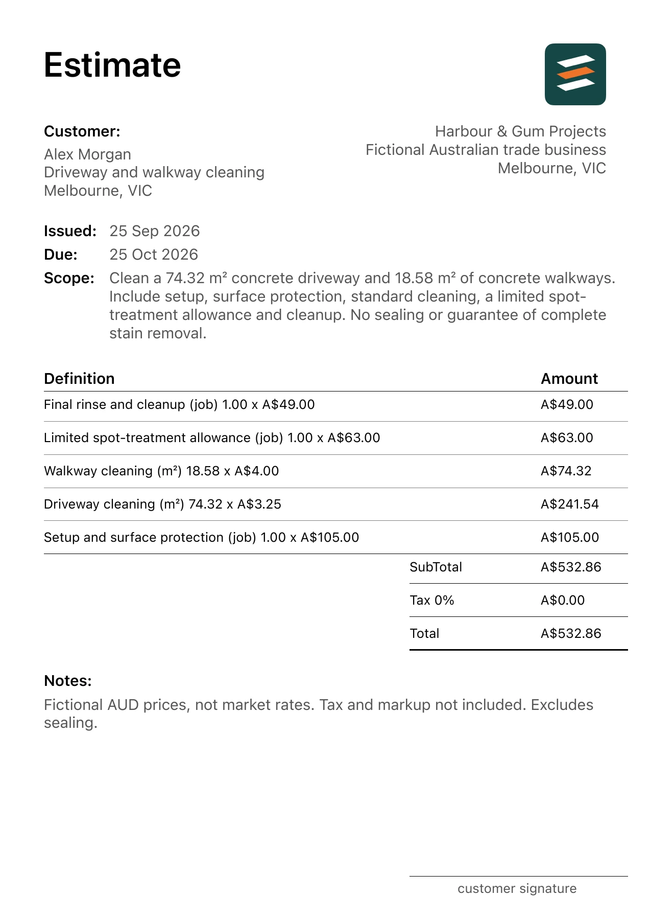 First page of the pressure washing estimate PDF
