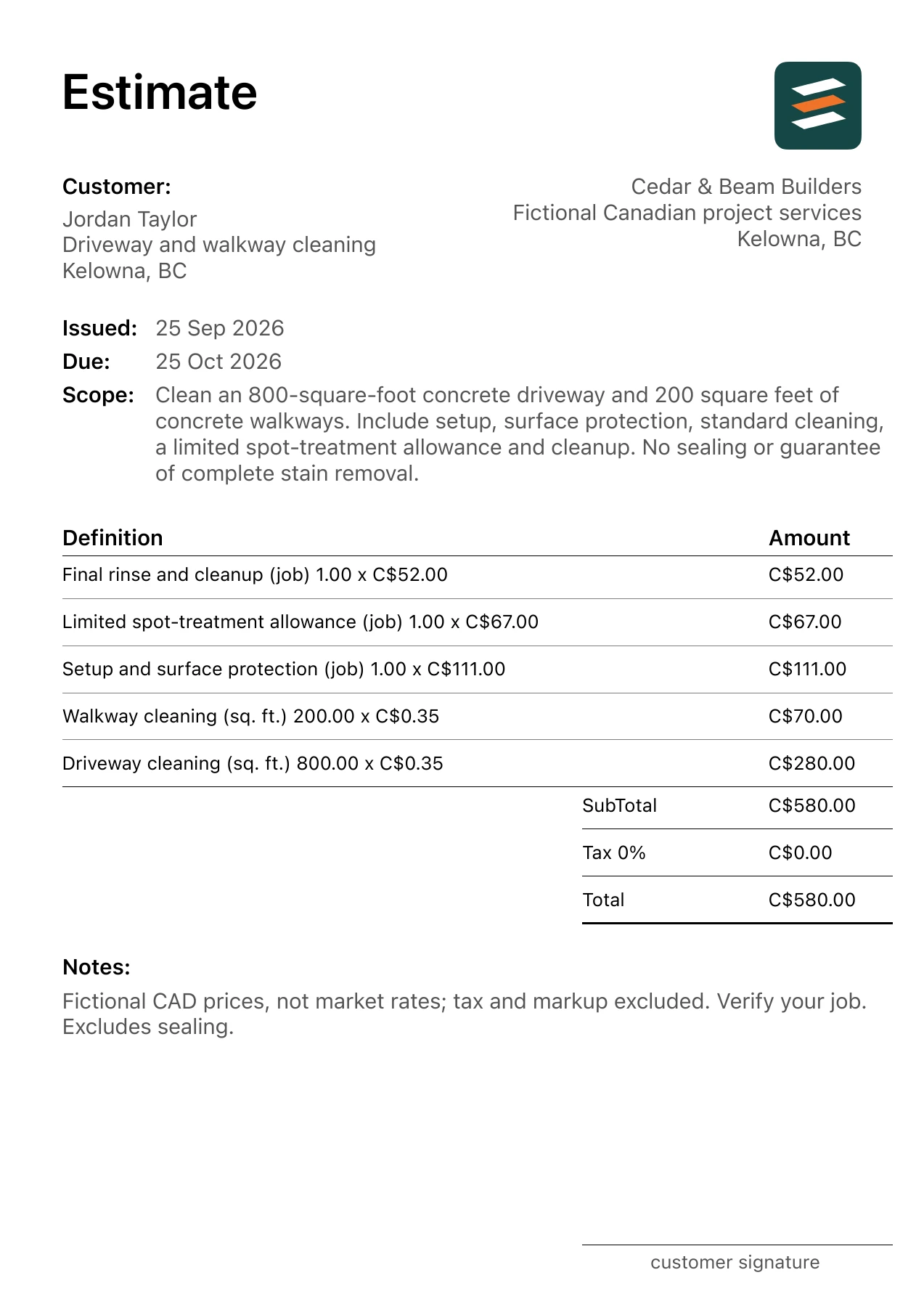 First page of the Kelowna, British Columbia pressure washing estimate in Canadian dollars
