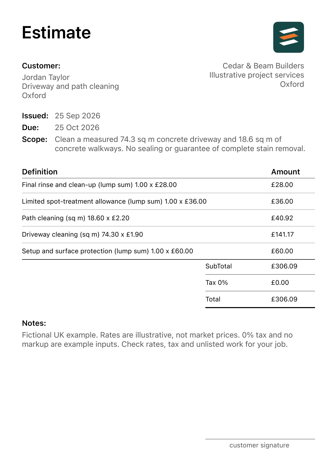 First page of the pressure washing estimate PDF for a fictional Oxford job