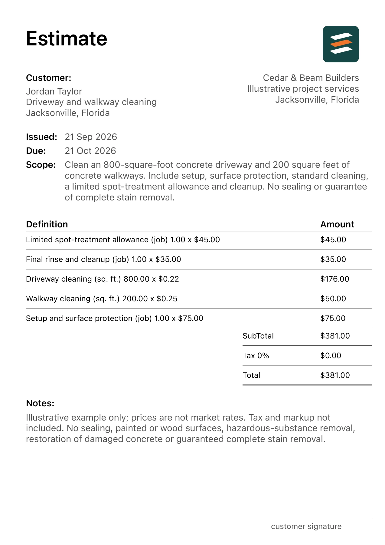 First page of the pressure washing estimate PDF