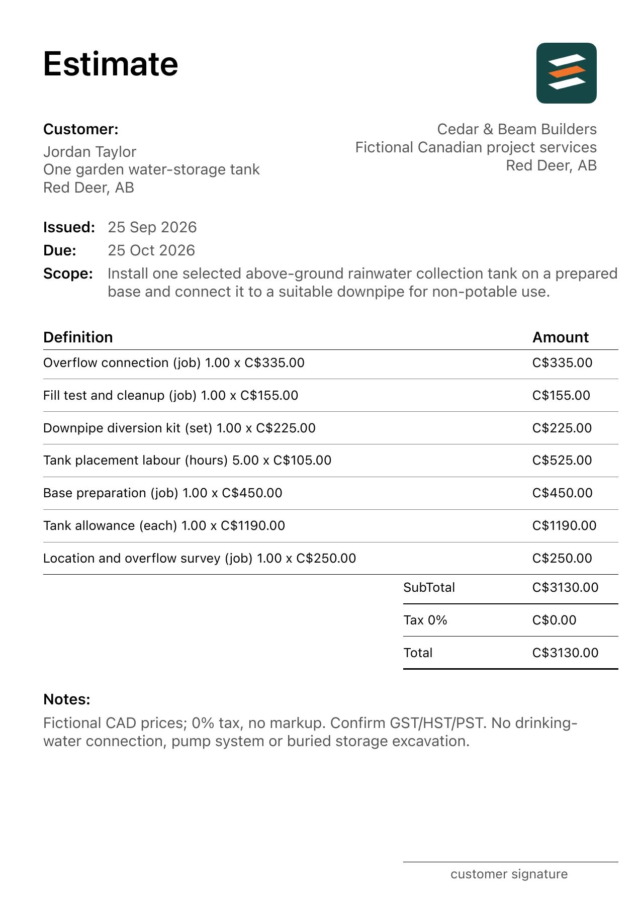 First page of the fictional Red Deer, Alberta rainwater collection tank installation PDF estimate