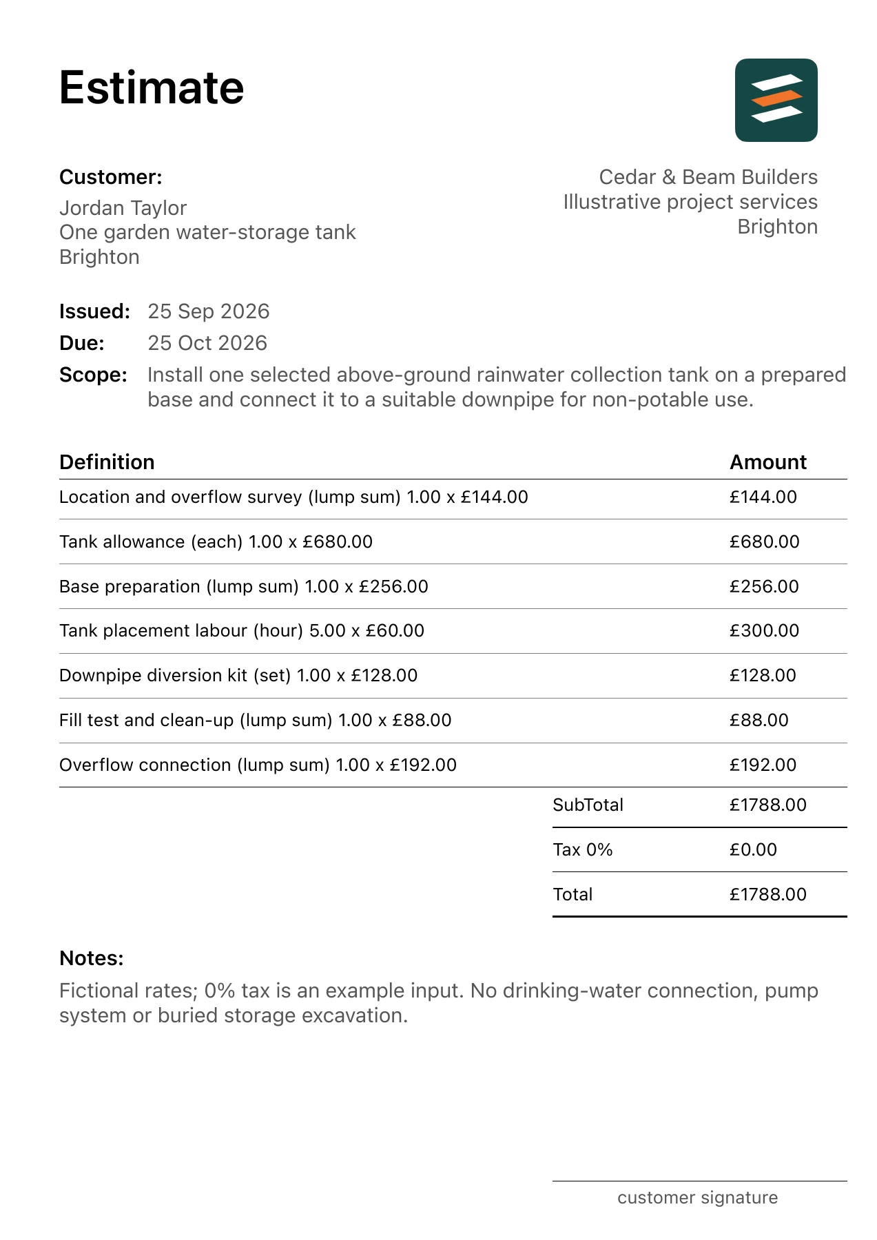 First page of the fictional water butt or tank installation estimate PDF