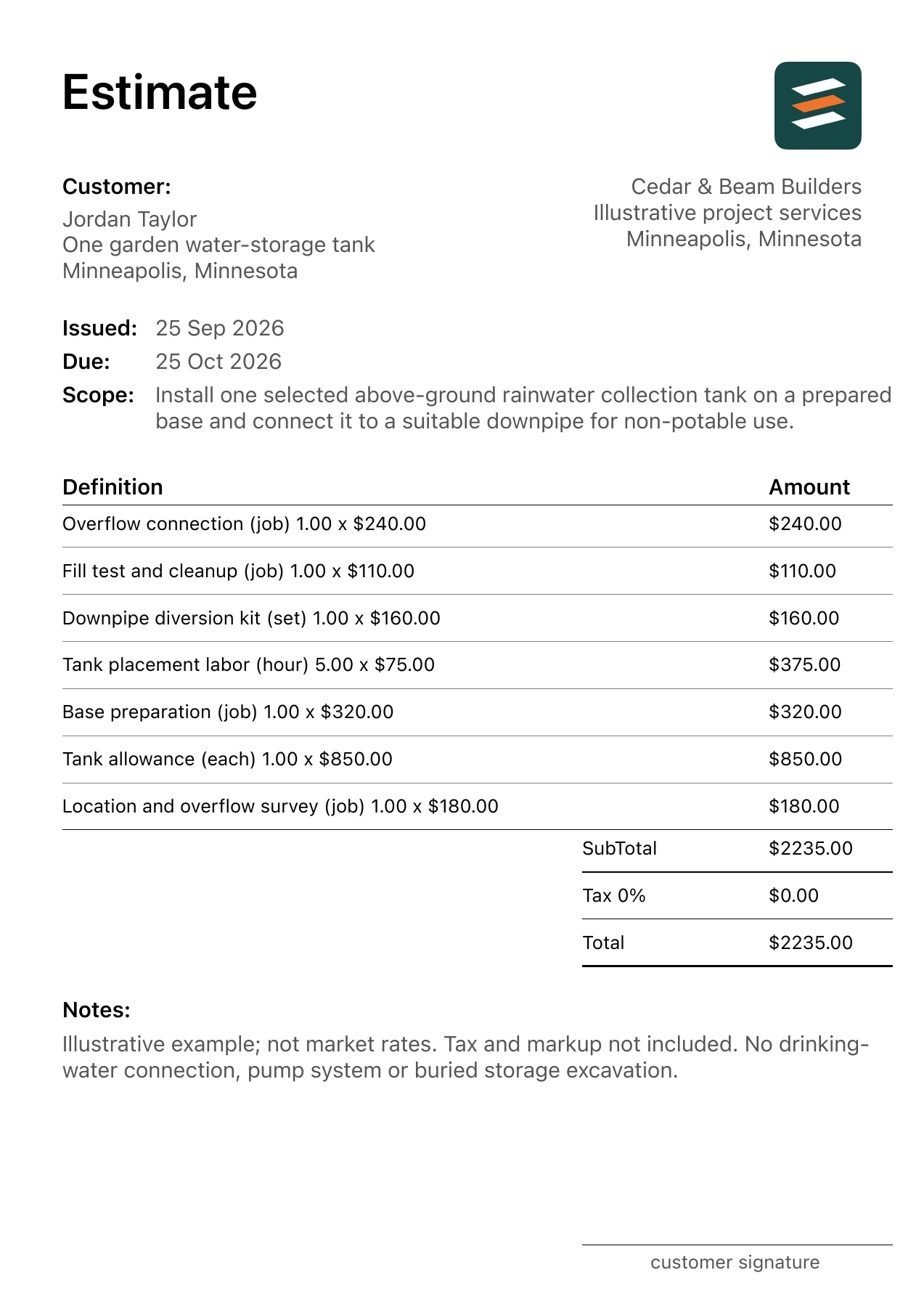 First page of the fictional rainwater collection tank installation estimate PDF