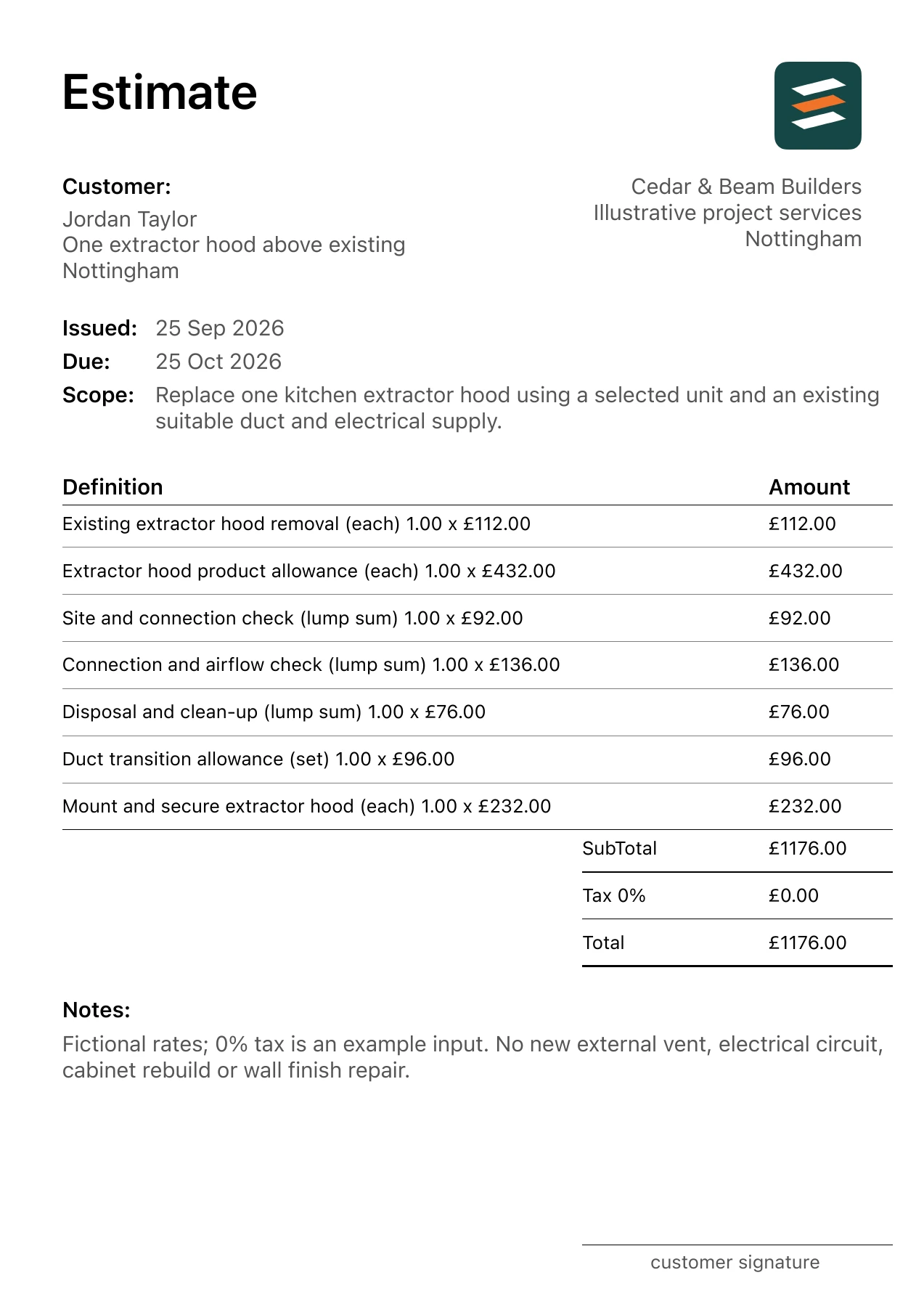First page of the fictional cooker hood installation estimate PDF