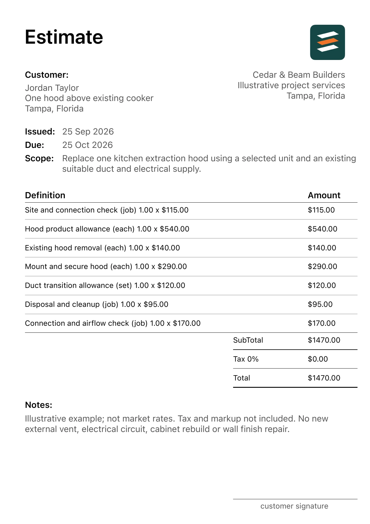 First page of the fictional range hood installation estimate PDF