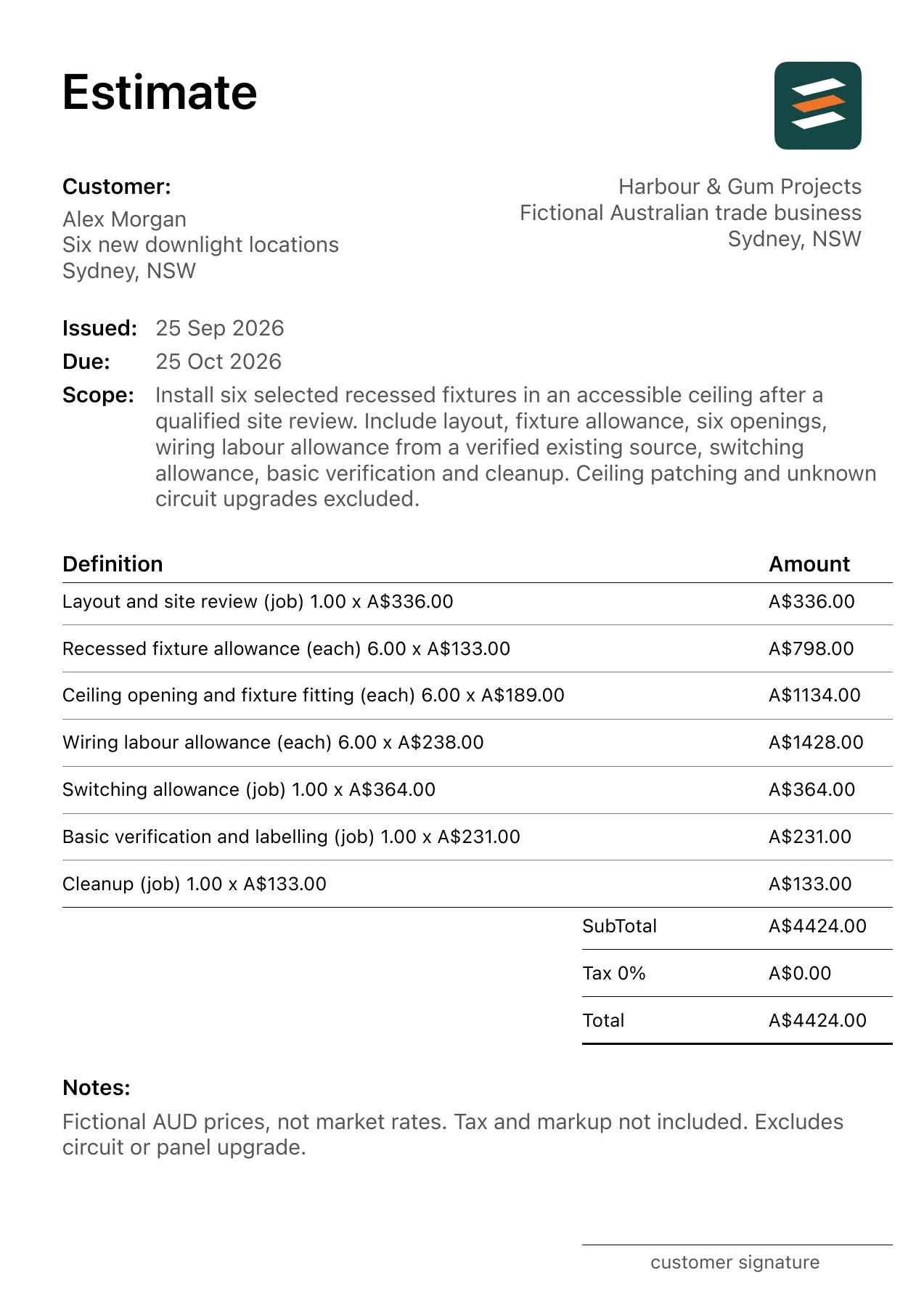 First page of the recessed lighting installation estimate PDF