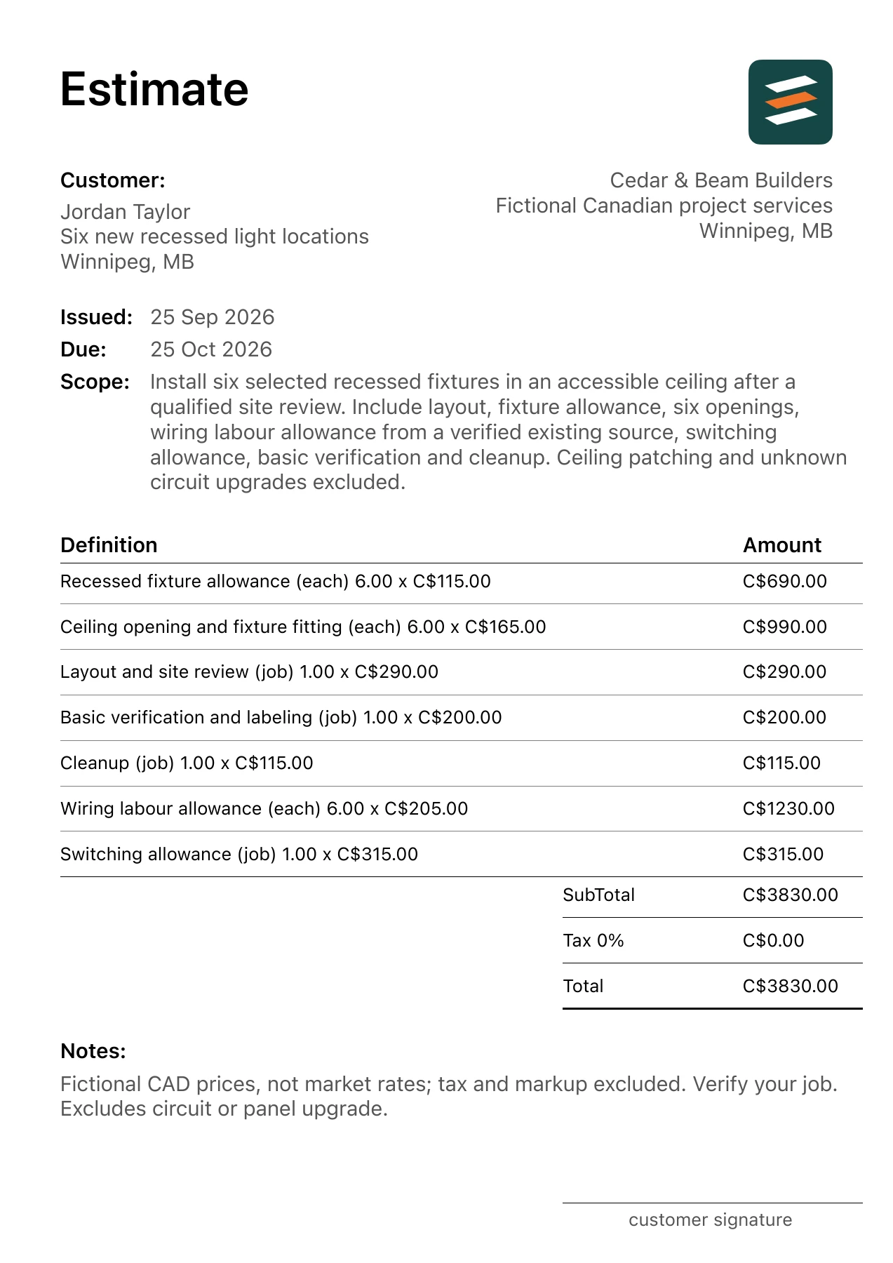 First page of the Winnipeg, Manitoba recessed lighting installation estimate in Canadian dollars