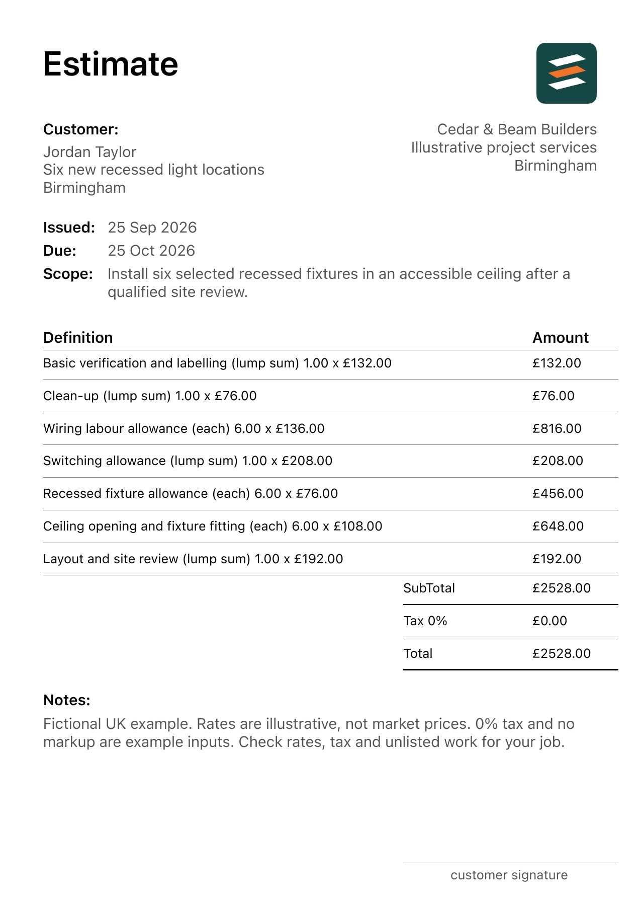 First page of the recessed lighting installation estimate PDF for a fictional Birmingham job