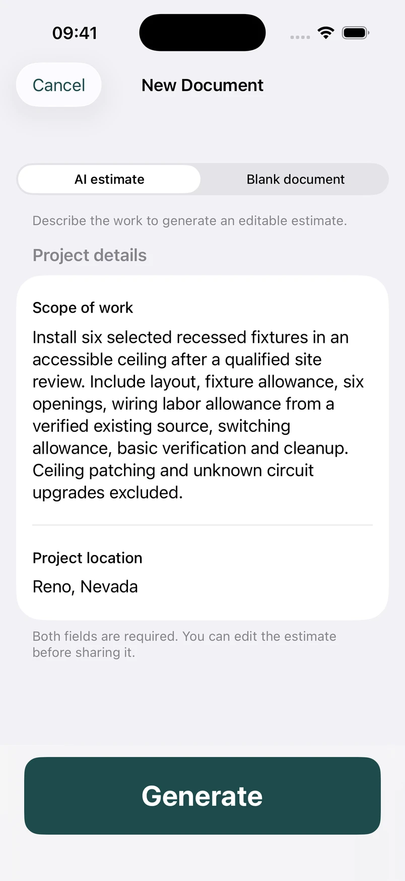 Recessed lighting installation scope in the New Document screen