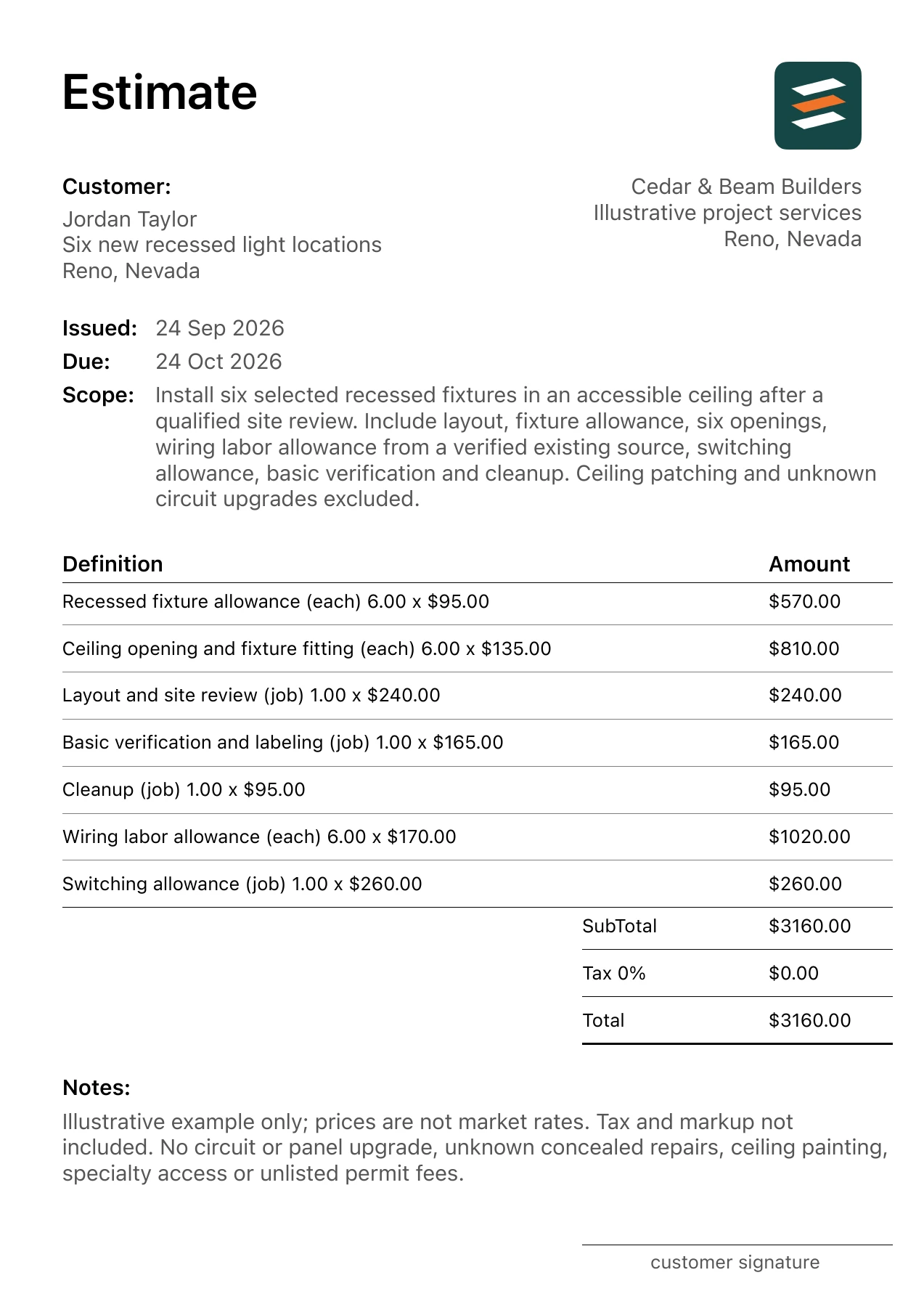 First page of the recessed lighting installation estimate PDF